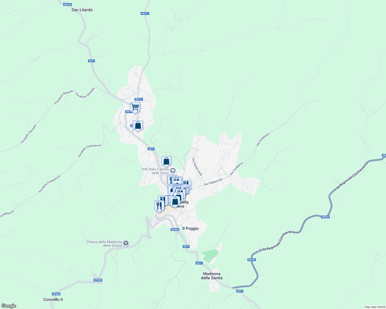 map of restaurants, bars, coffee shops, grocery stores, and more near 46 Via Santa Lucia in Città della Pieve
