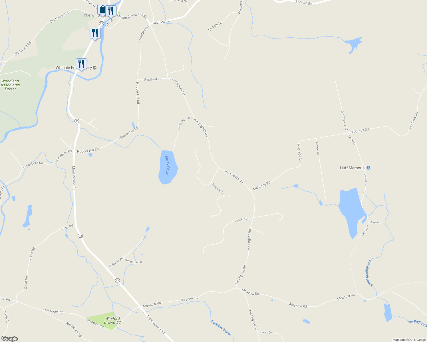 map of restaurants, bars, coffee shops, grocery stores, and more near 8 Ridgeview Lane in New Boston