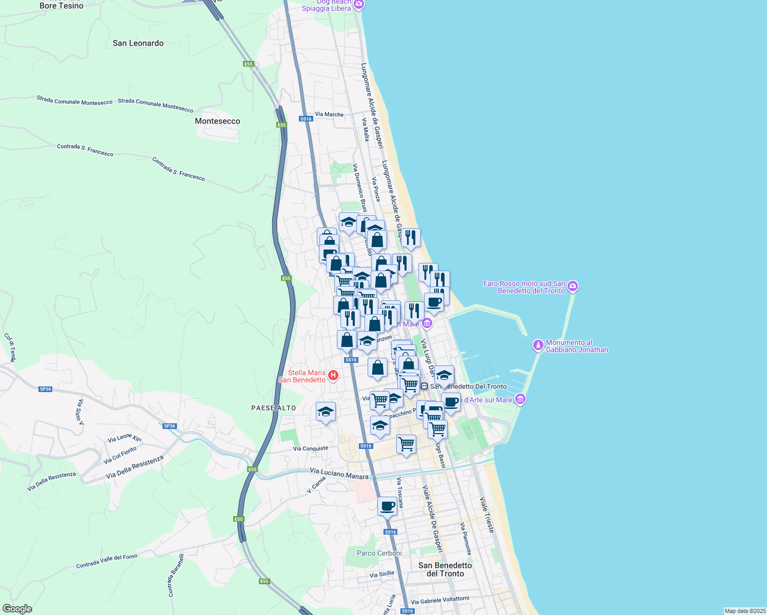 map of restaurants, bars, coffee shops, grocery stores, and more near 19 Via Giovanni Bovio in San Benedetto del Tronto