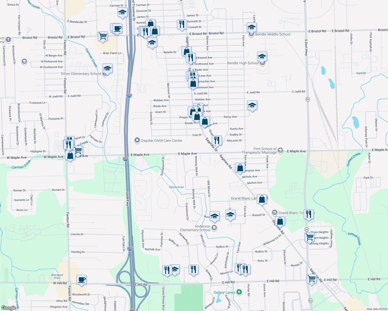 map of restaurants, bars, coffee shops, grocery stores, and more near 5010 Wishing Well Drive in Grand Blanc