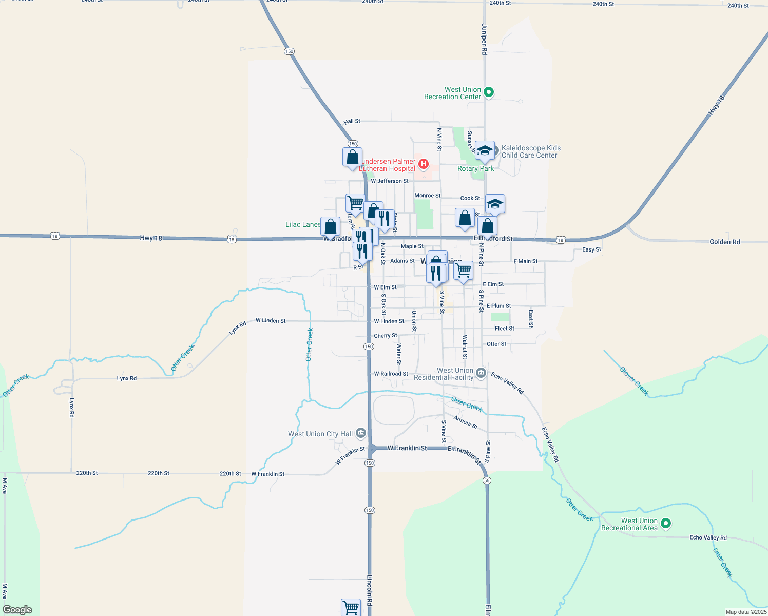 map of restaurants, bars, coffee shops, grocery stores, and more near 398 W Plum St in West Union