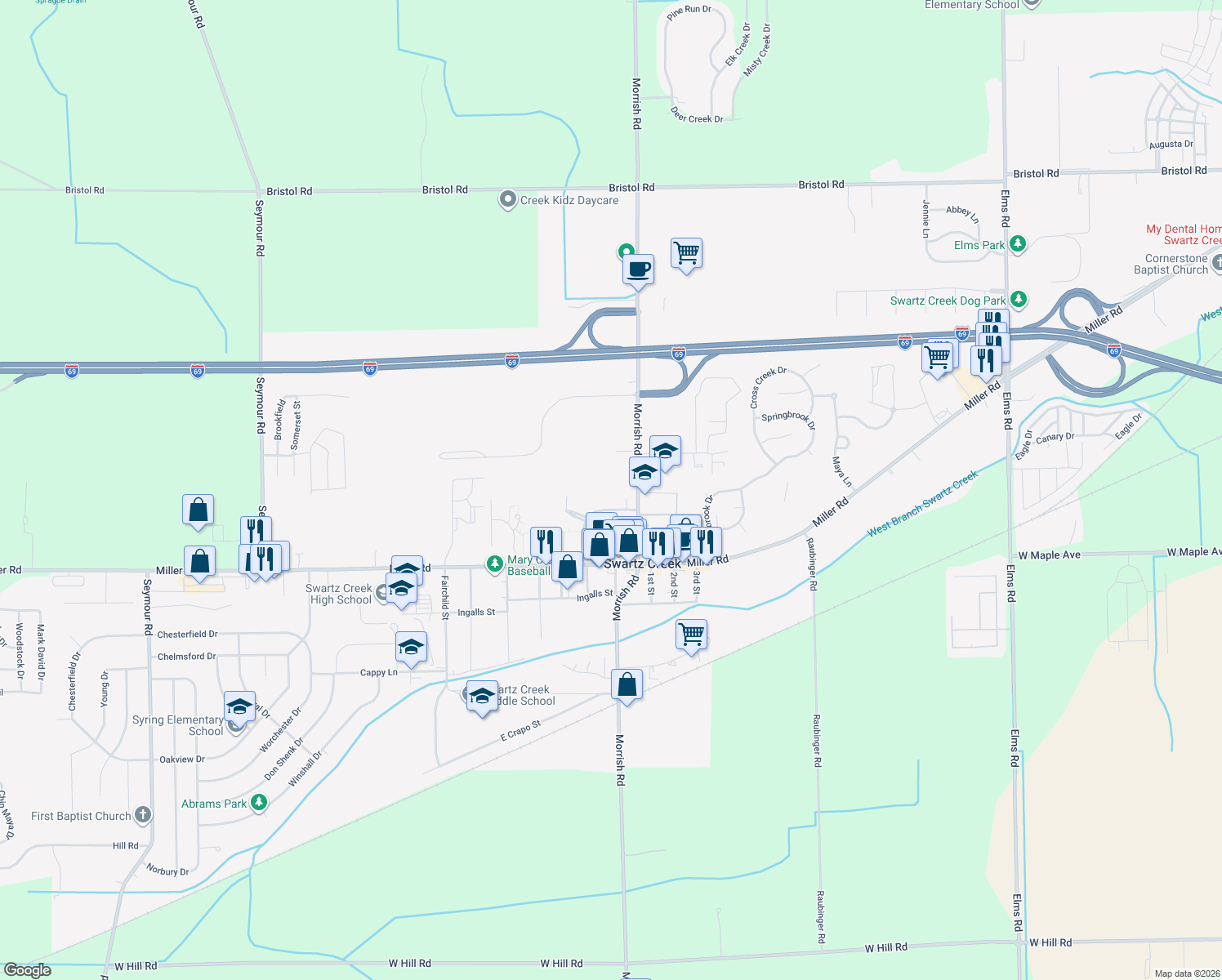map of restaurants, bars, coffee shops, grocery stores, and more near 4426 Morrish Rd in Swartz Creek