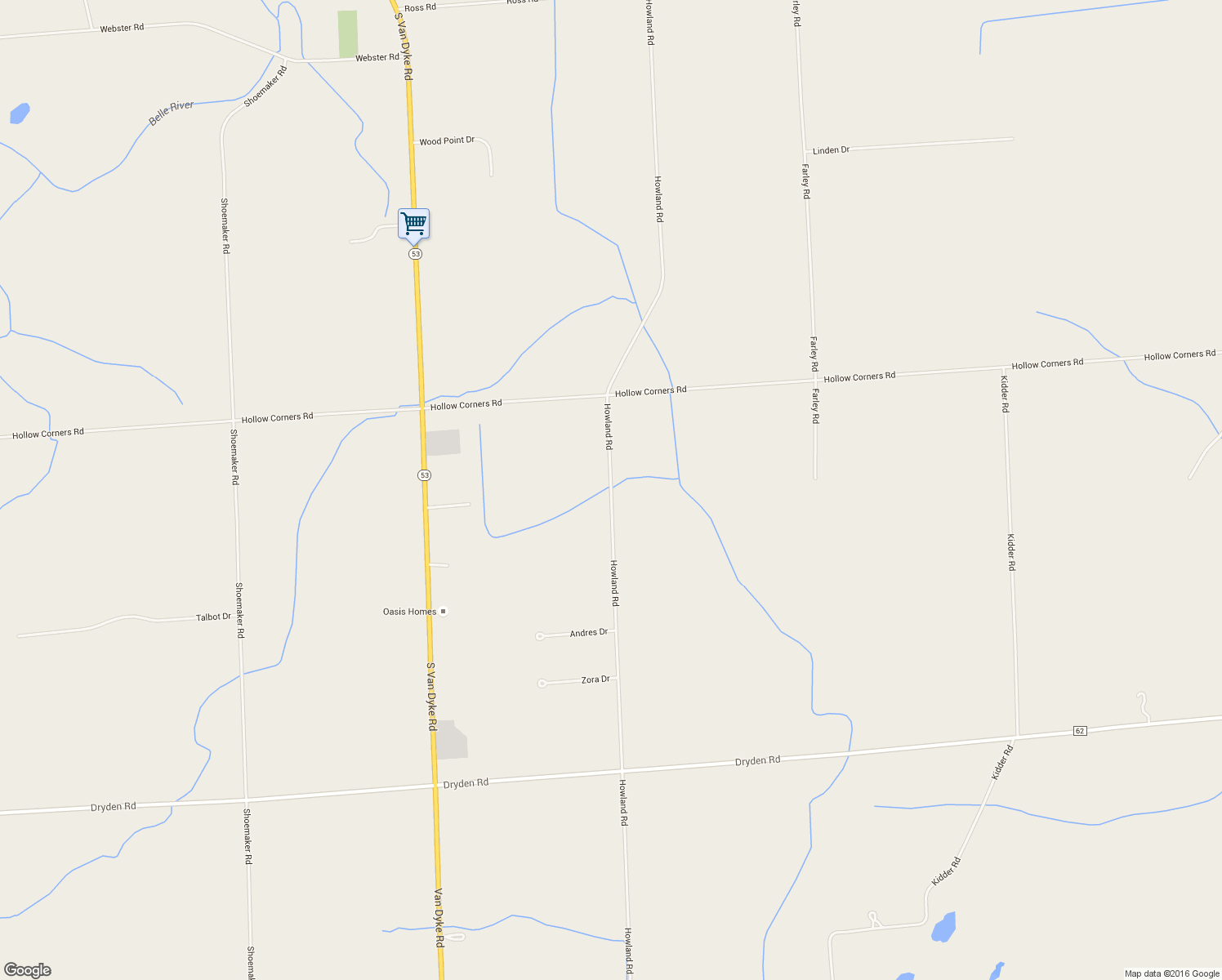 map of restaurants, bars, coffee shops, grocery stores, and more near 3600 Howland Road in Almont