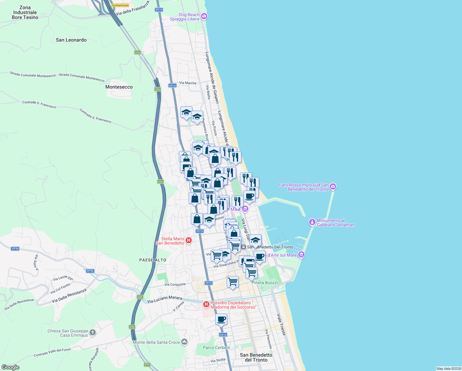 map of restaurants, bars, coffee shops, grocery stores, and more near 31 Via Francesco Morosini in San Benedetto del Tronto