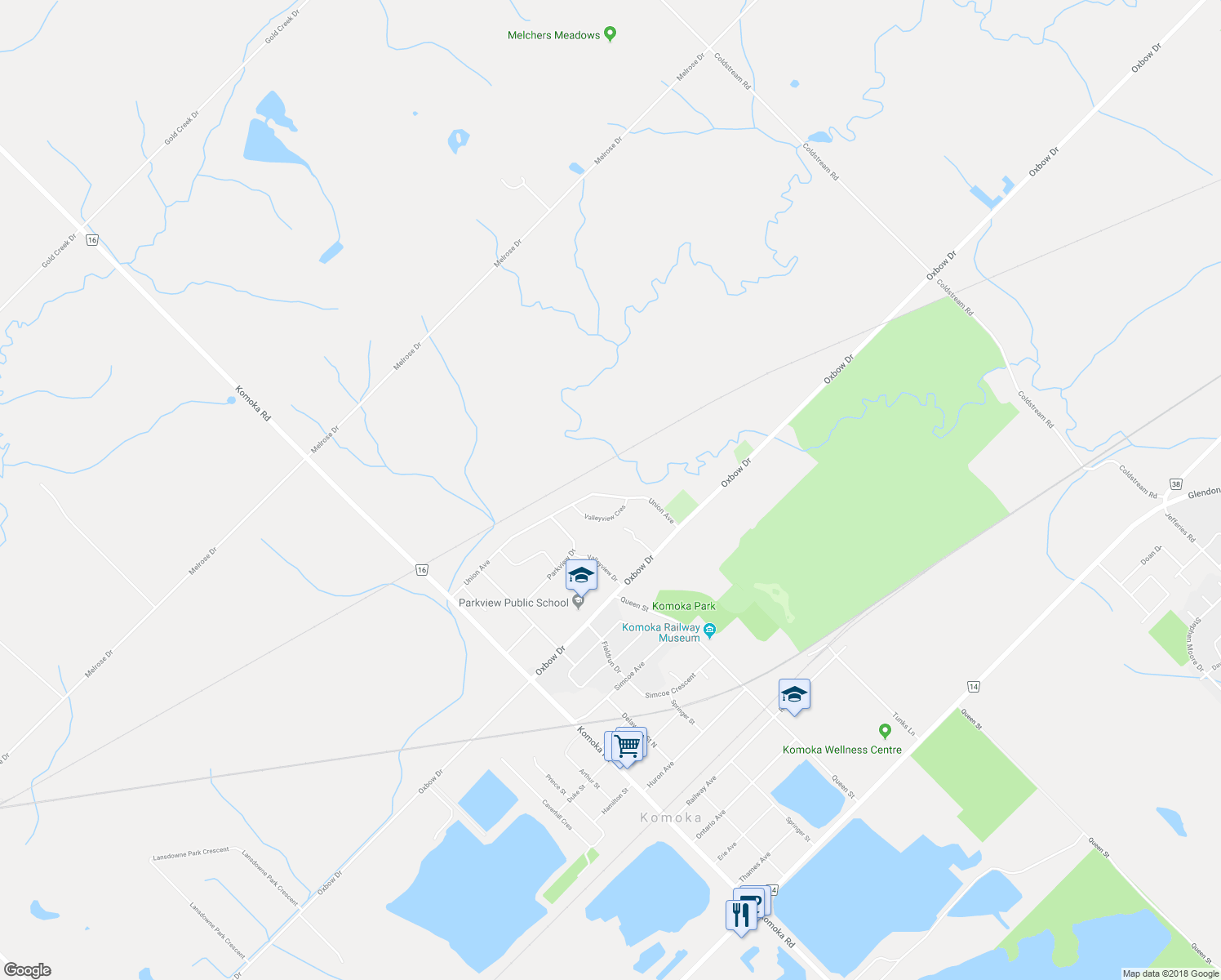 map of restaurants, bars, coffee shops, grocery stores, and more near 211 Union Avenue in Komoka