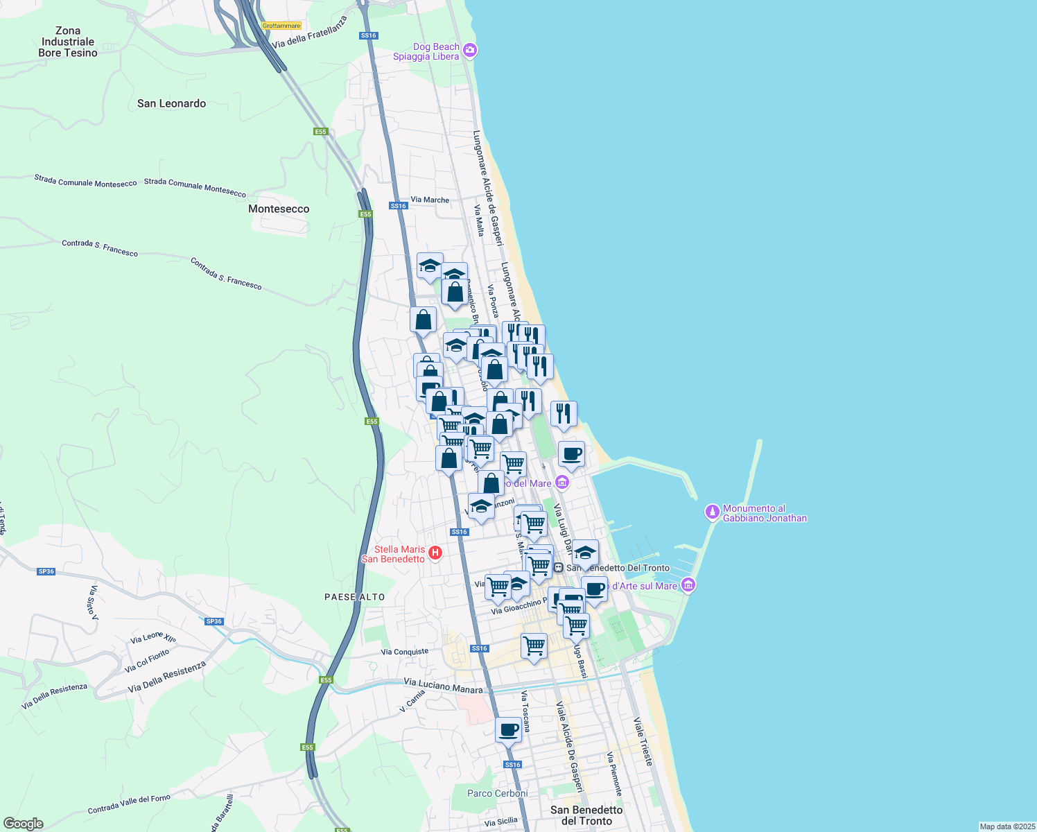 map of restaurants, bars, coffee shops, grocery stores, and more near 3 Via Andrea Doria in San Benedetto del Tronto