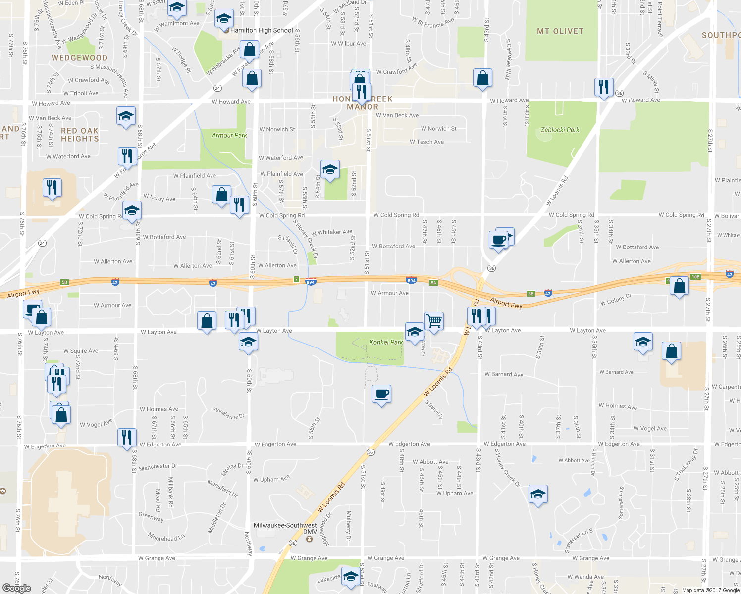 map of restaurants, bars, coffee shops, grocery stores, and more near 4600 South 51st Street in Greenfield