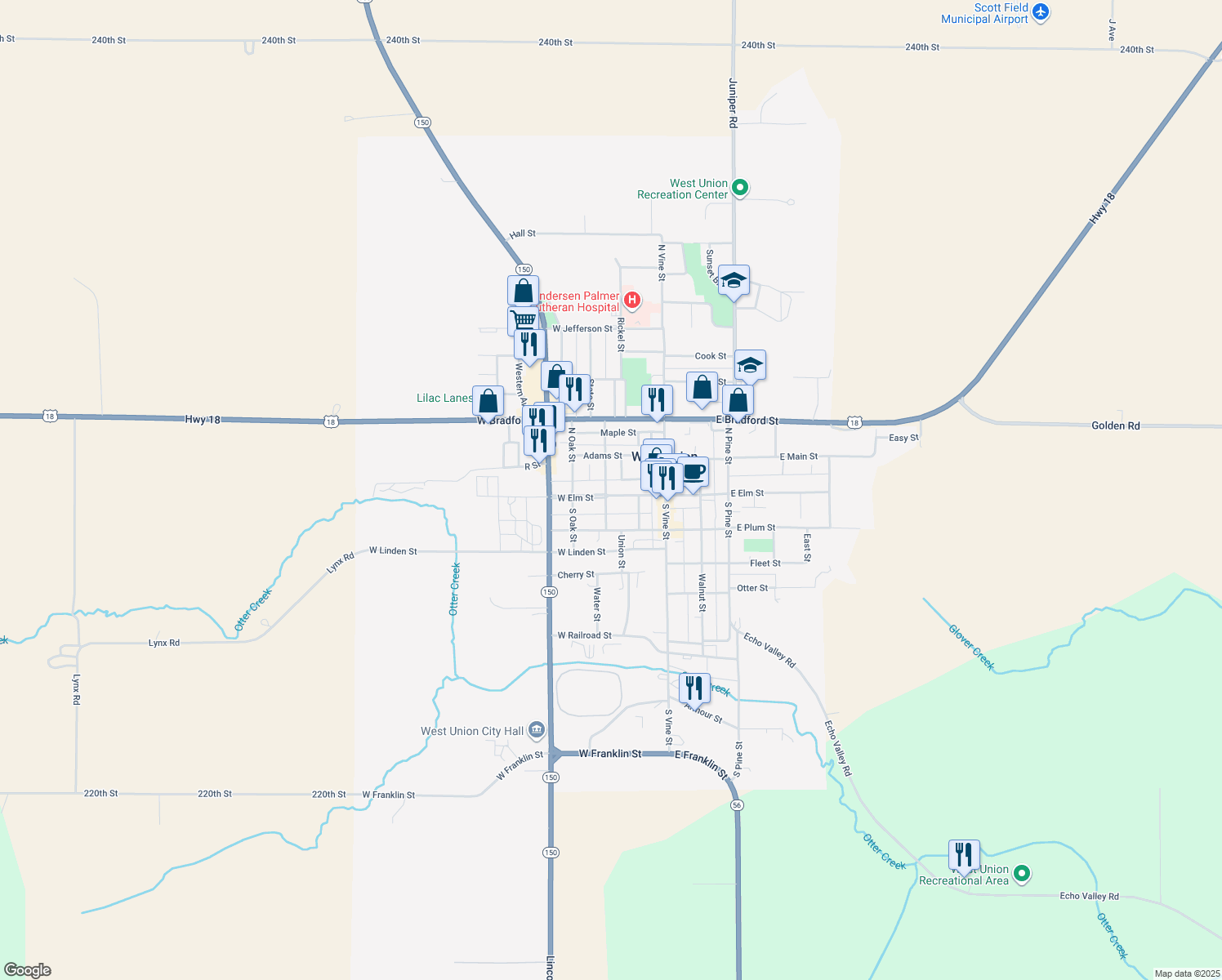 map of restaurants, bars, coffee shops, grocery stores, and more near 214 W Elm St in West Union