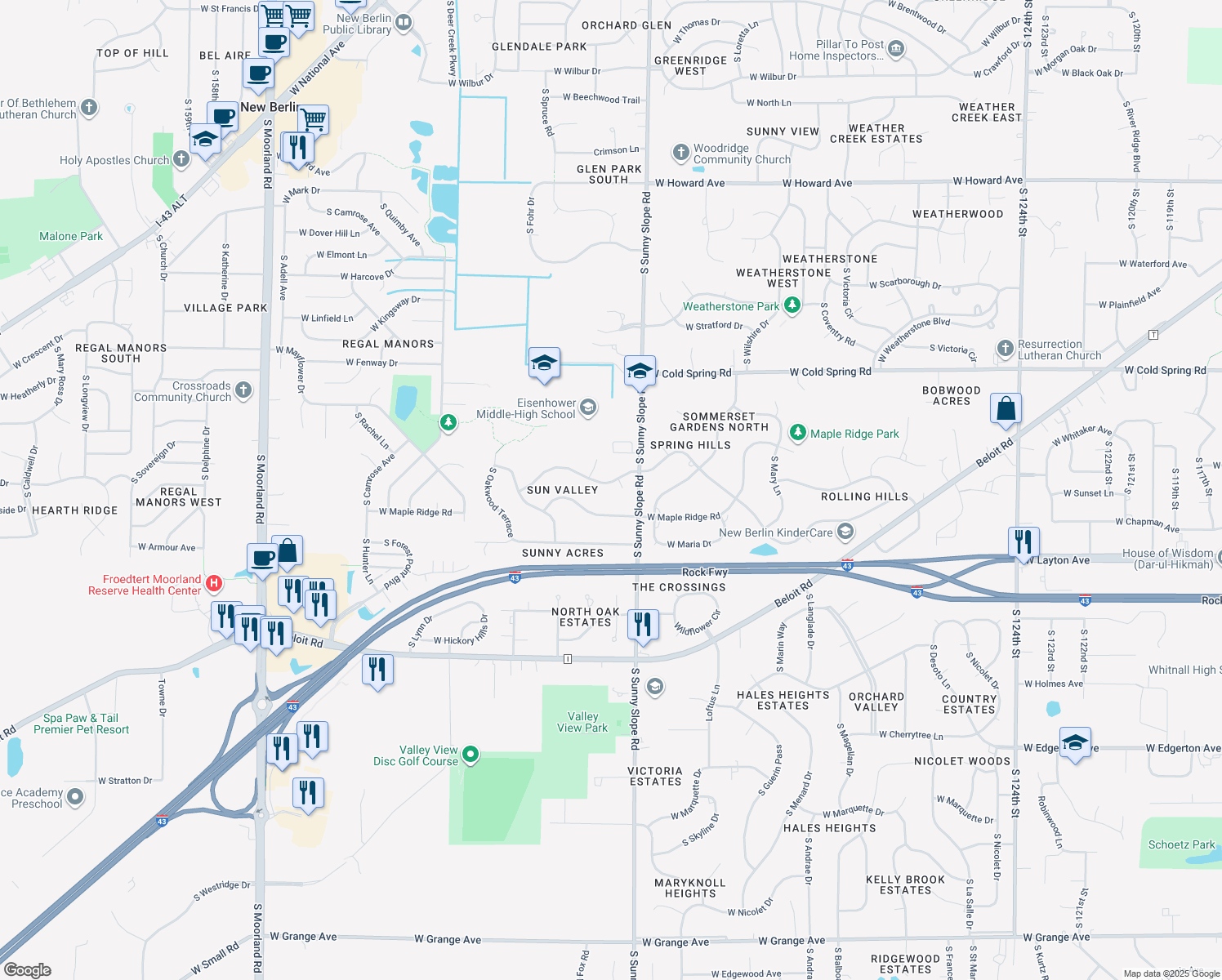 map of restaurants, bars, coffee shops, grocery stores, and more near 14101 West Sun Valley Drive in New Berlin