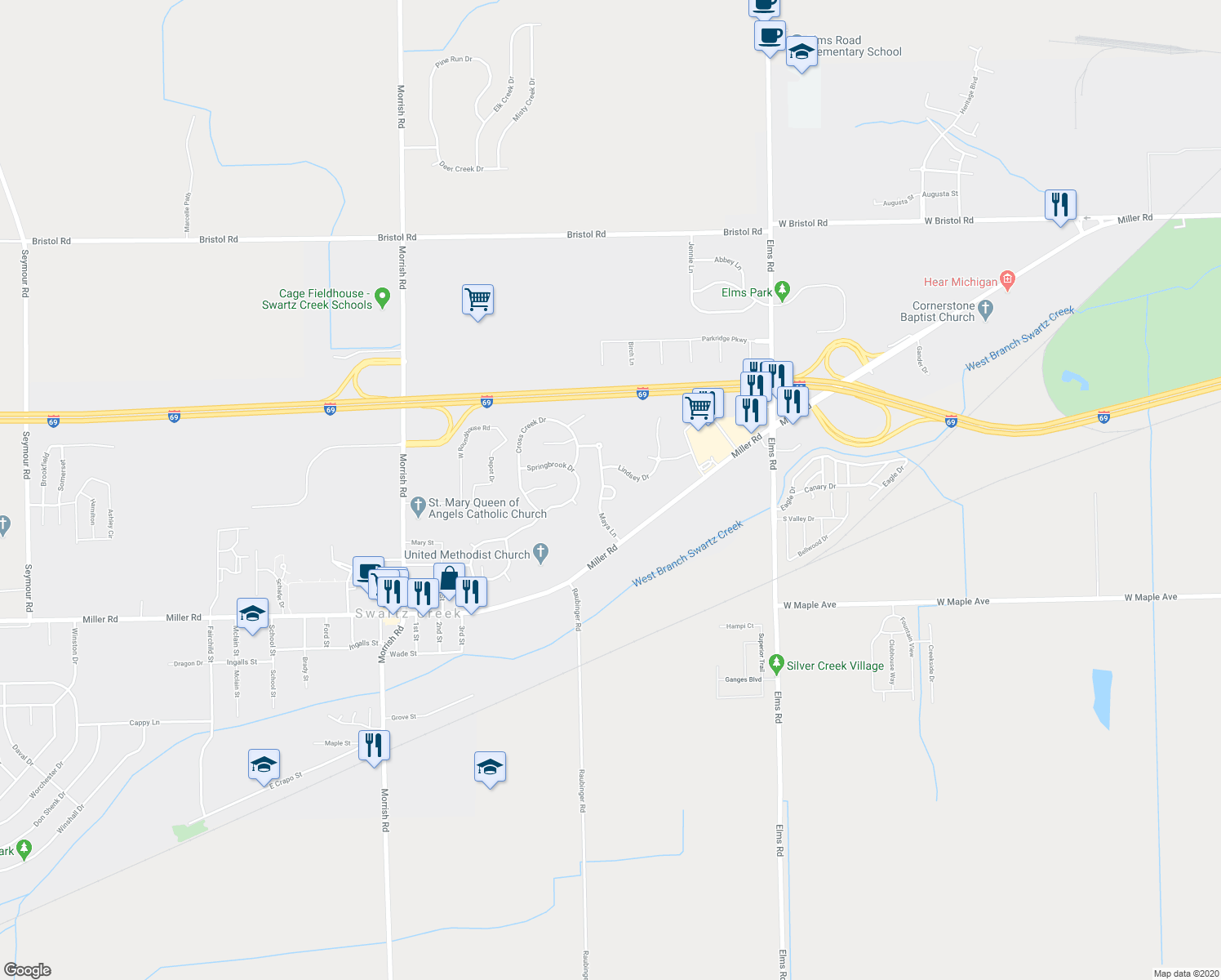 map of restaurants, bars, coffee shops, grocery stores, and more near 7245 Maplecrest Circle in Swartz Creek