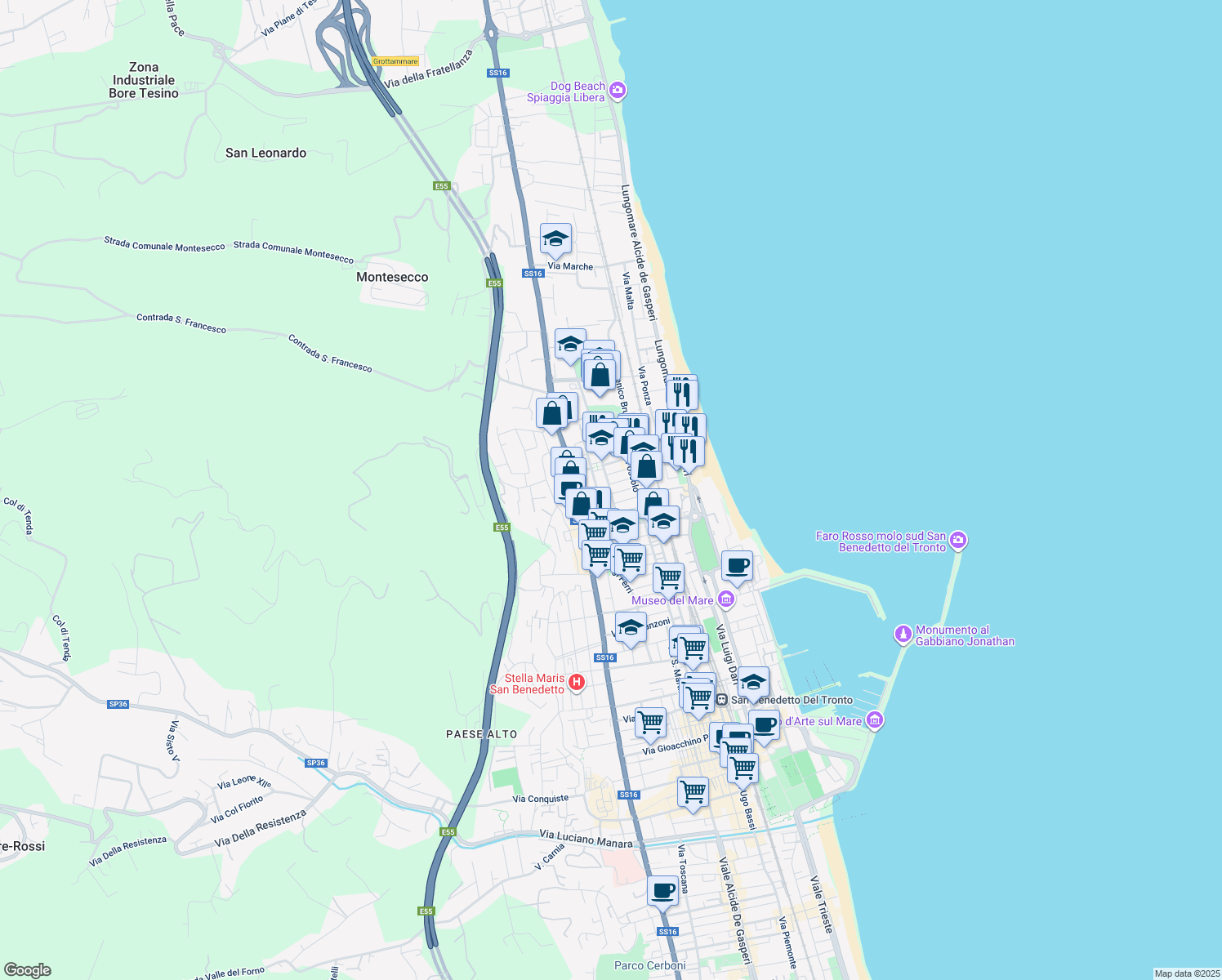 map of restaurants, bars, coffee shops, grocery stores, and more near 14 Via Giovanni Verga in Grottammare