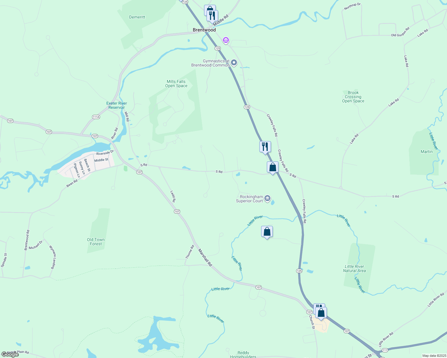 map of restaurants, bars, coffee shops, grocery stores, and more near 348 South Road in Brentwood