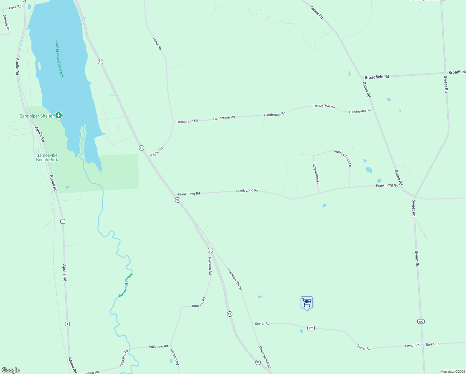 map of restaurants, bars, coffee shops, grocery stores, and more near 6891 Frank Long Road in Jamesville