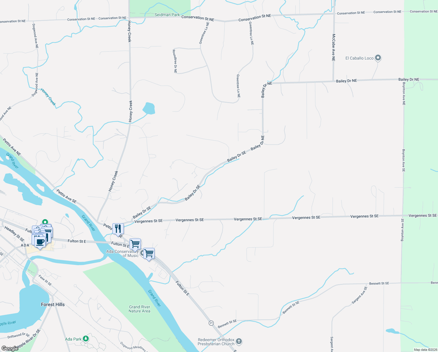 map of restaurants, bars, coffee shops, grocery stores, and more near 8500 Bailey Drive Southeast in Ada