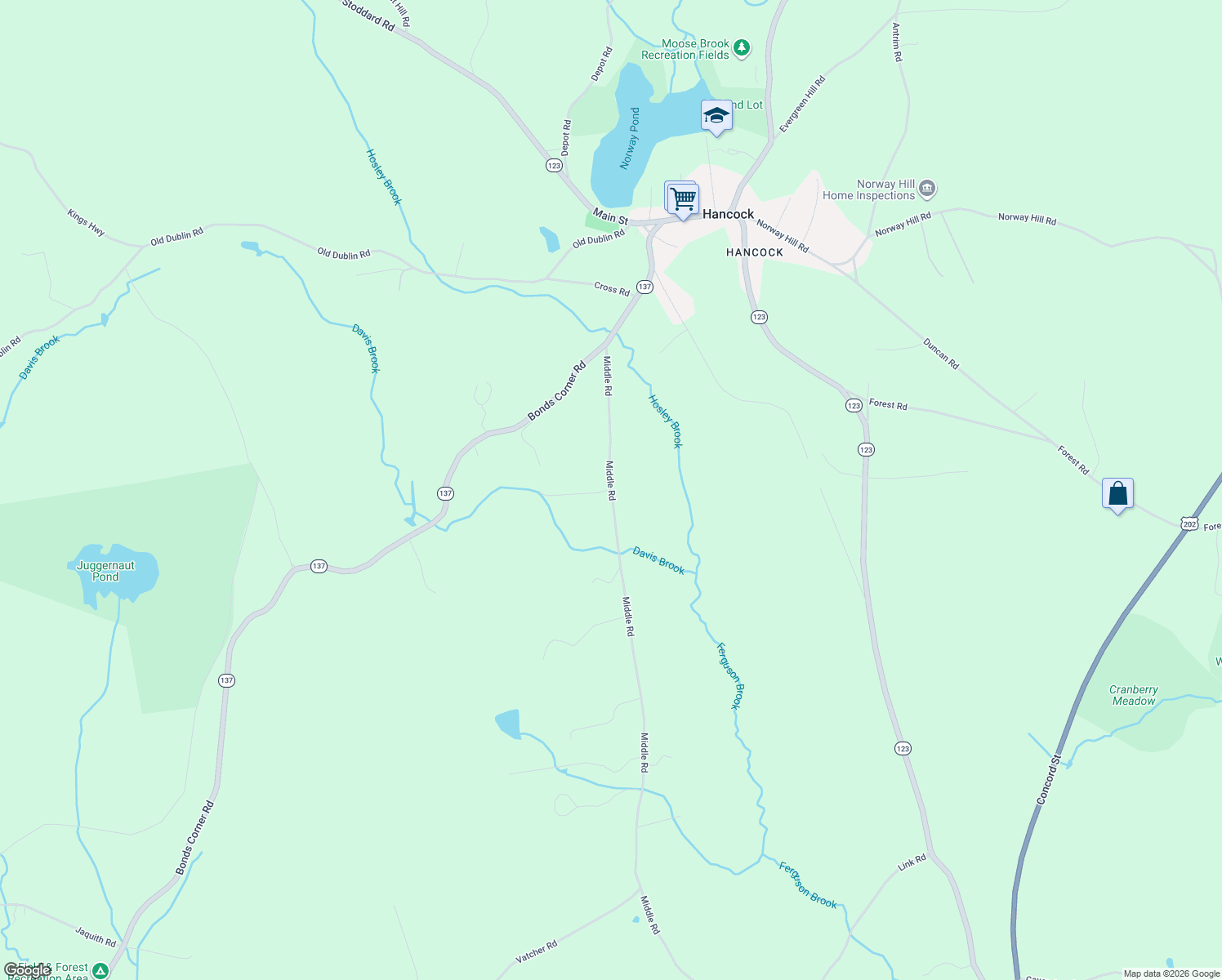 map of restaurants, bars, coffee shops, grocery stores, and more near 19 Middle Road in Hancock