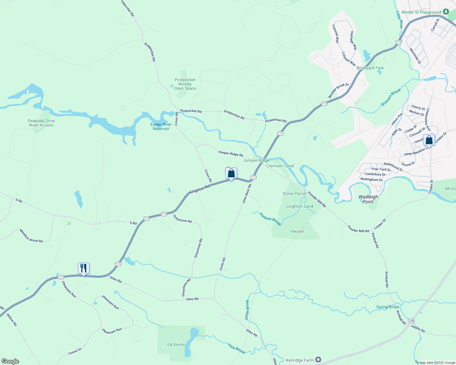 map of restaurants, bars, coffee shops, grocery stores, and more near 128 Kingston Road in Exeter