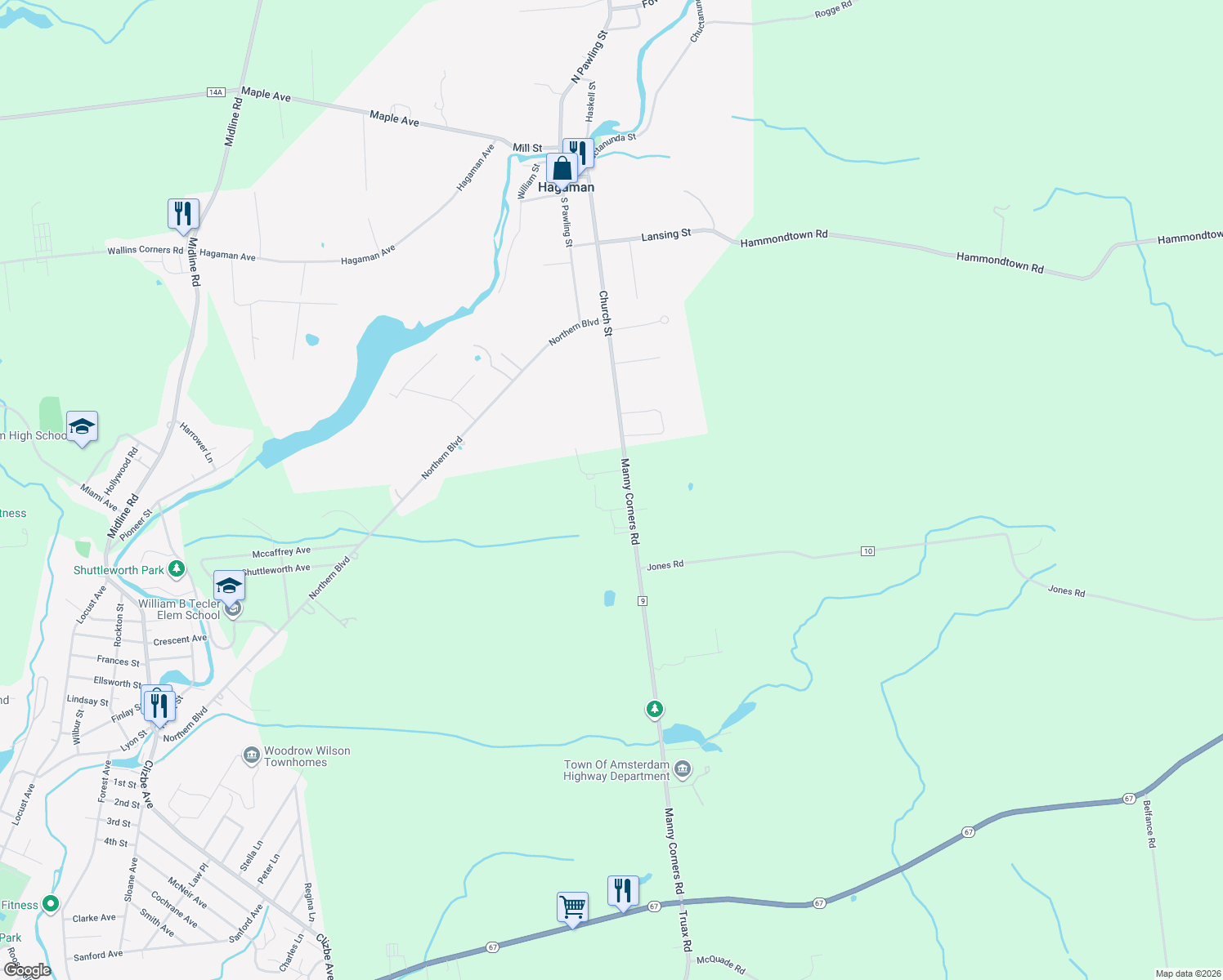 map of restaurants, bars, coffee shops, grocery stores, and more near 130 Manny Corners Road in Amsterdam