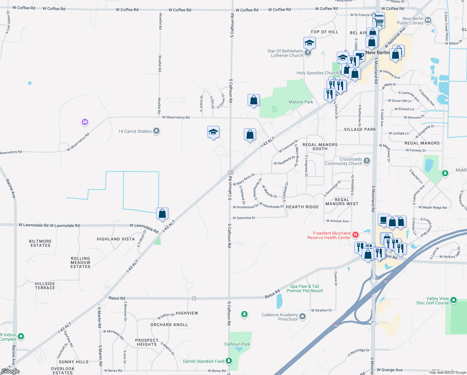 map of restaurants, bars, coffee shops, grocery stores, and more near 17155 West Mary Ross Drive in New Berlin