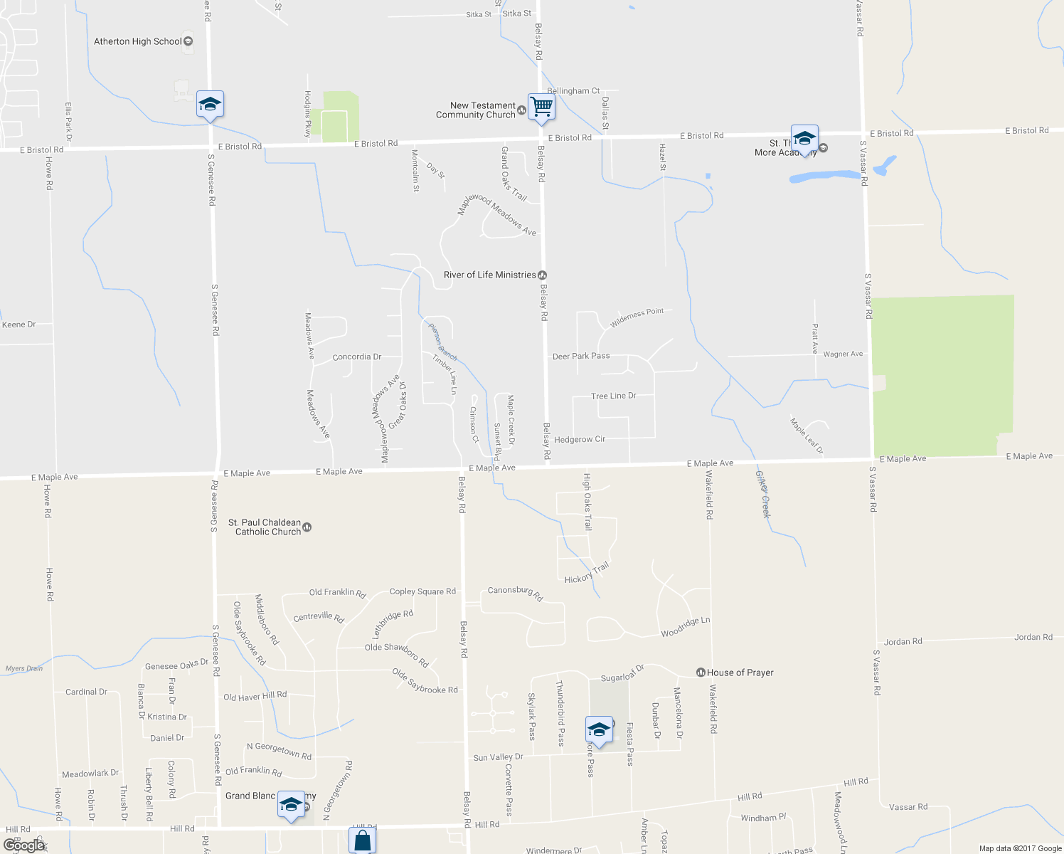 map of restaurants, bars, coffee shops, grocery stores, and more near 4466 Belsay Road in Grand Blanc