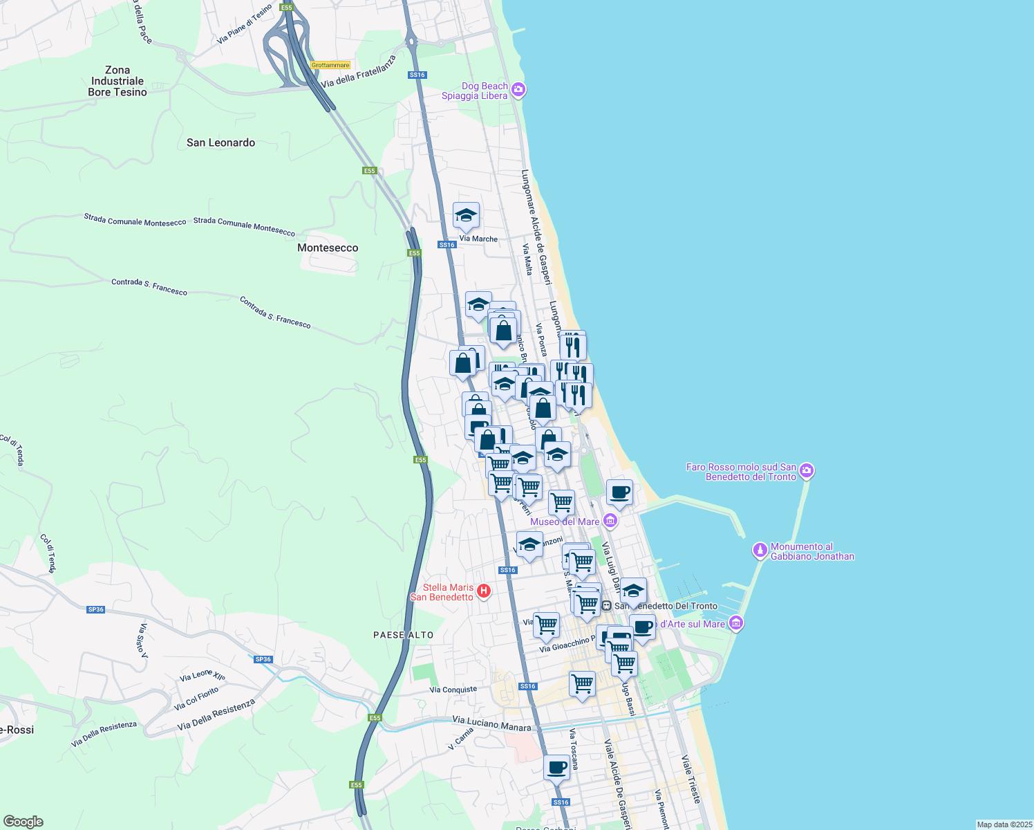 map of restaurants, bars, coffee shops, grocery stores, and more near 14 Via Giovanni Verga in Grottammare