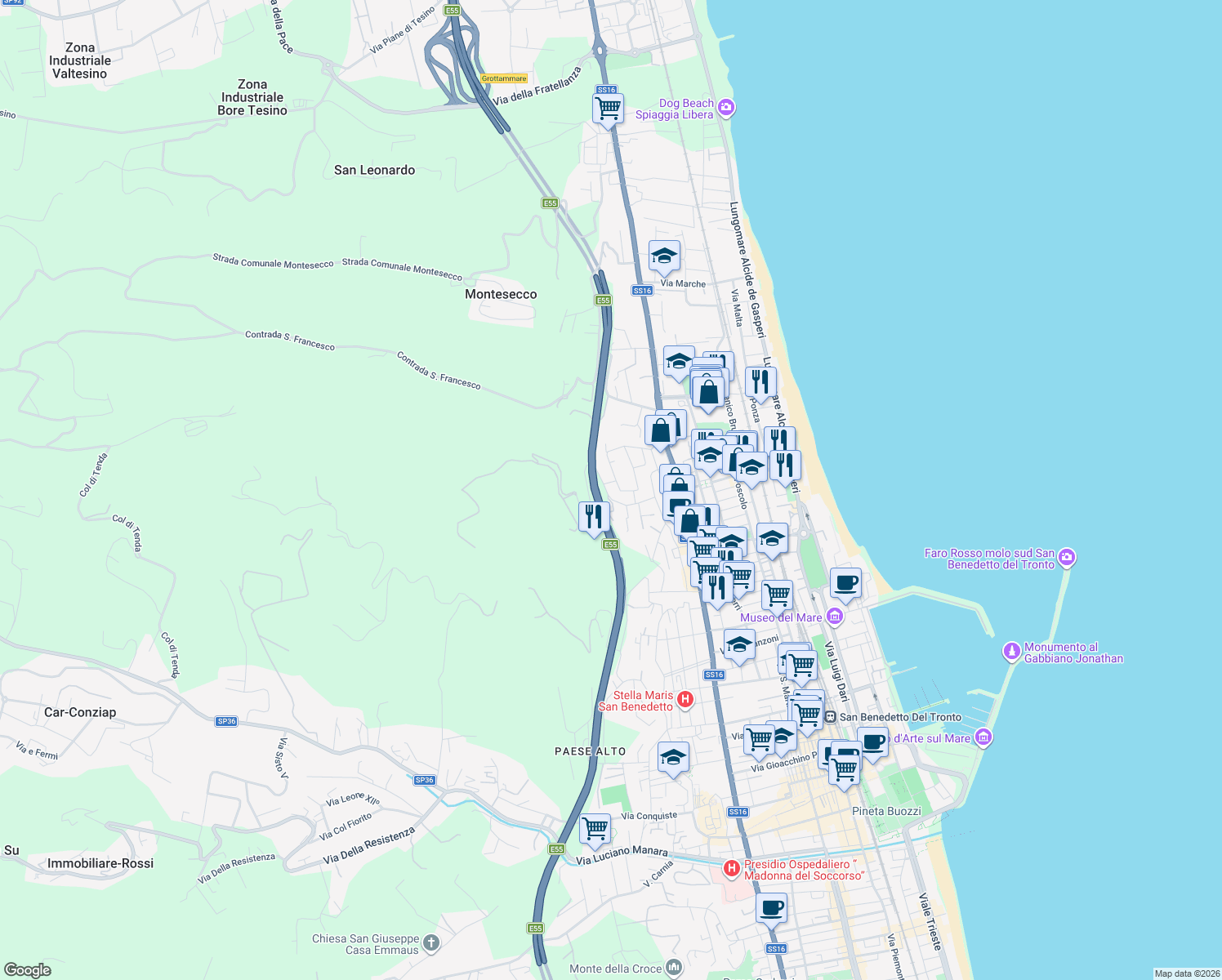 map of restaurants, bars, coffee shops, grocery stores, and more near 126 Via Firenze in Grottammare