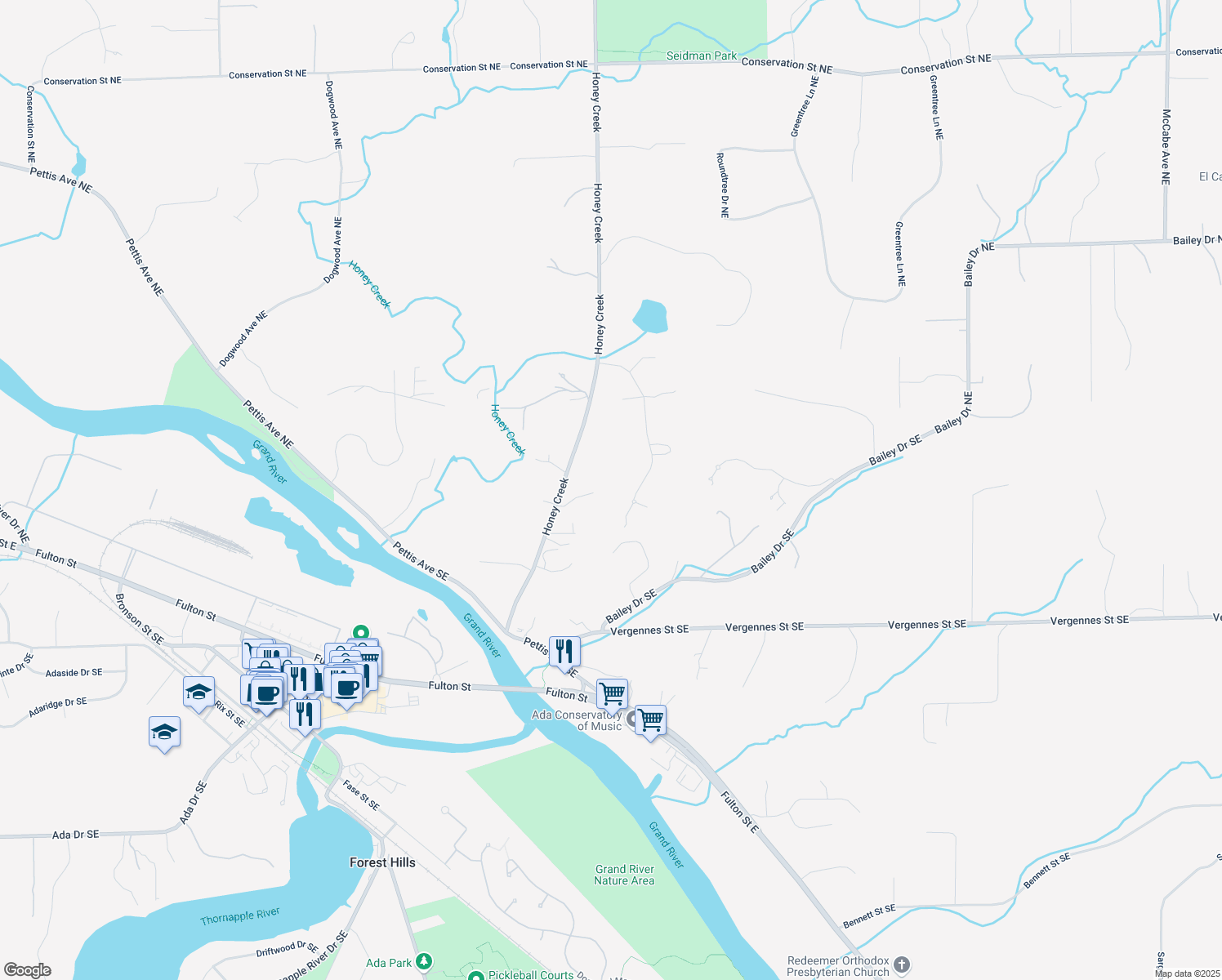 map of restaurants, bars, coffee shops, grocery stores, and more near 8150 Crancreek Drive Northeast in Ada