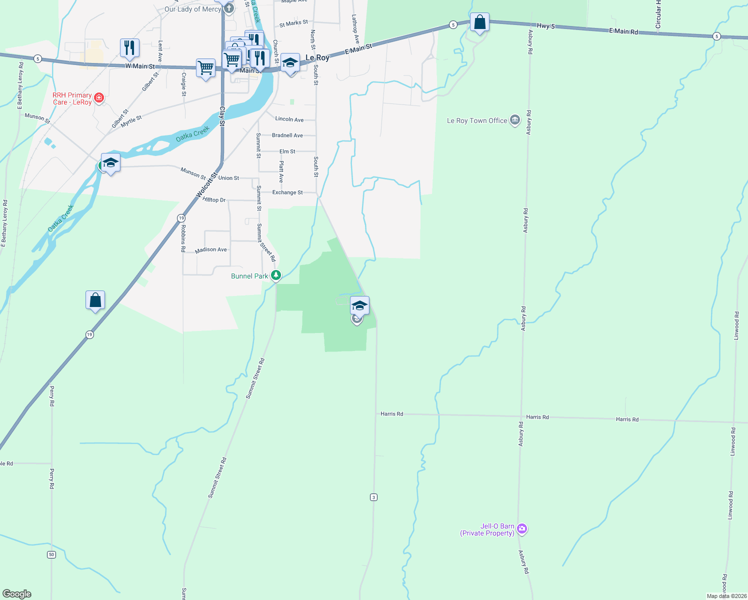 map of restaurants, bars, coffee shops, grocery stores, and more near 9303 S St Rd in Le Roy