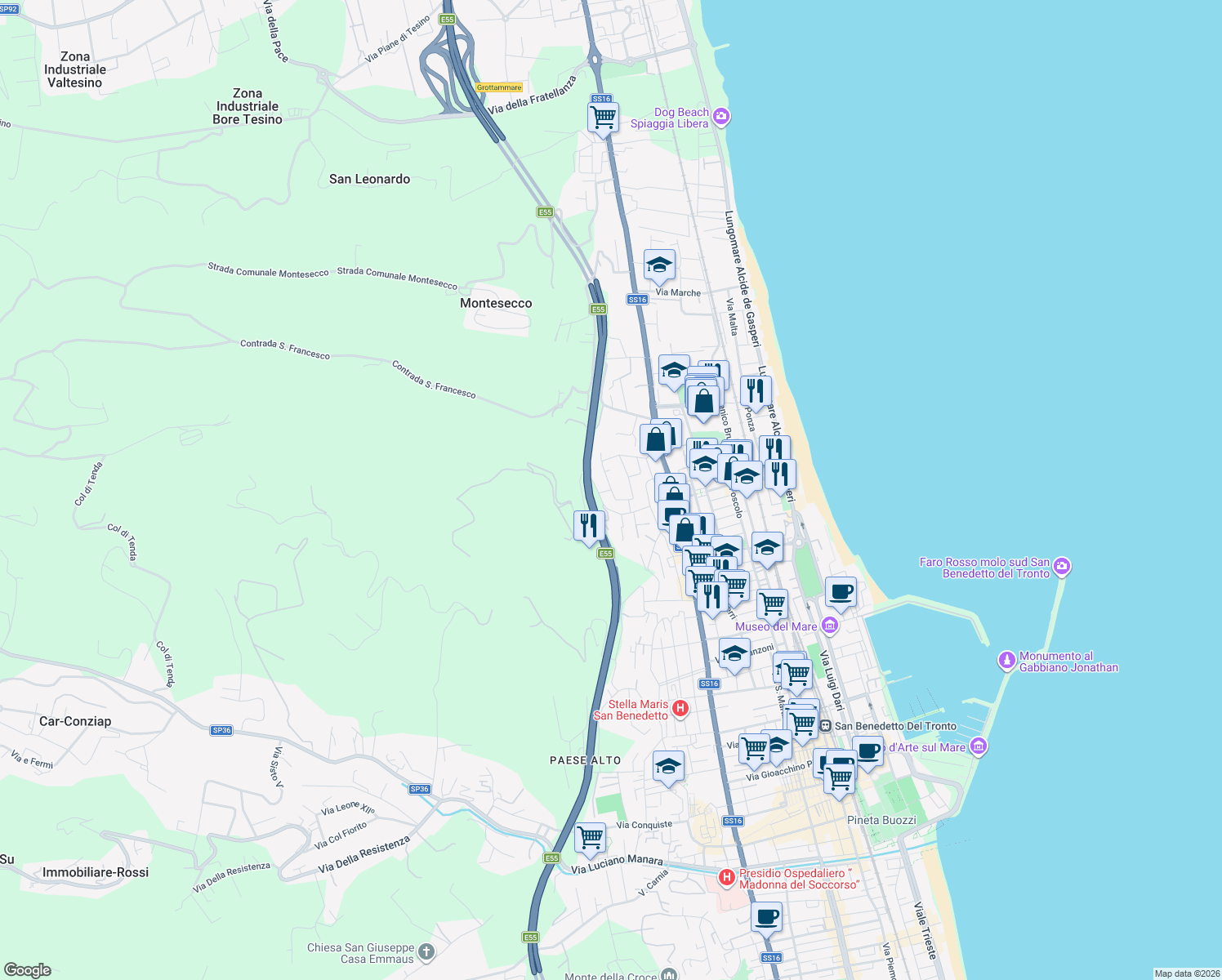 map of restaurants, bars, coffee shops, grocery stores, and more near 126 Via Firenze in Grottammare