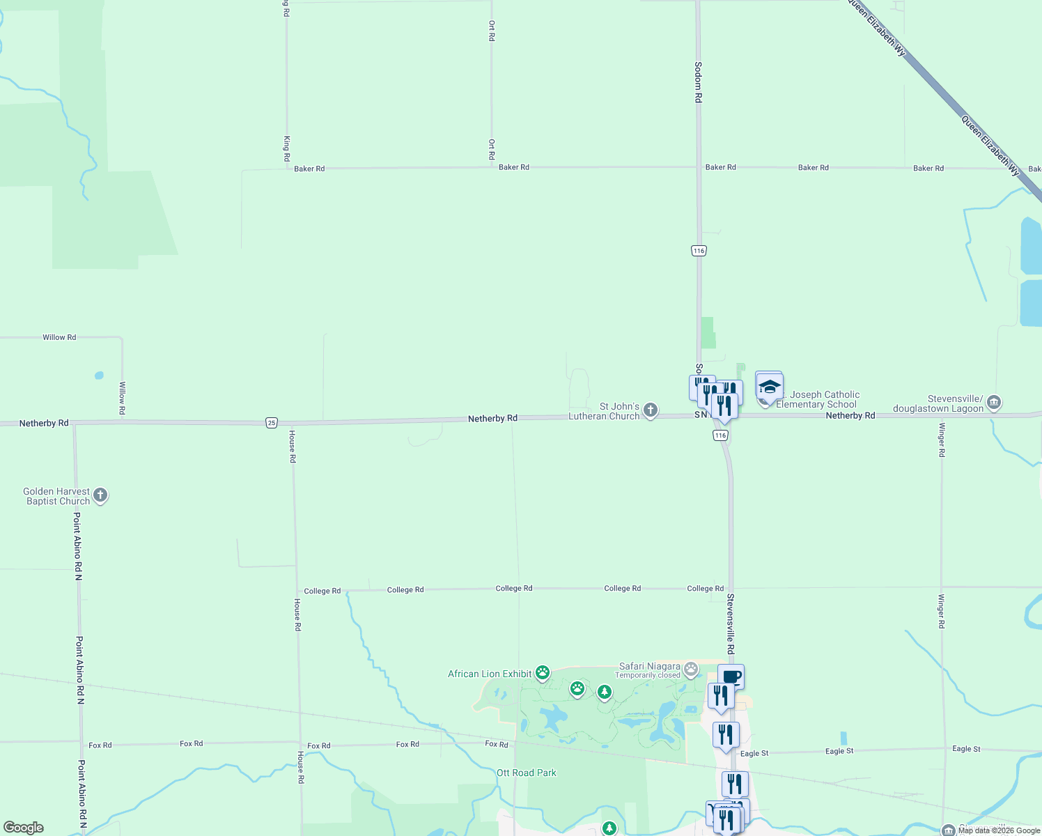 map of restaurants, bars, coffee shops, grocery stores, and more near 3902 Netherby Road in Fort Erie