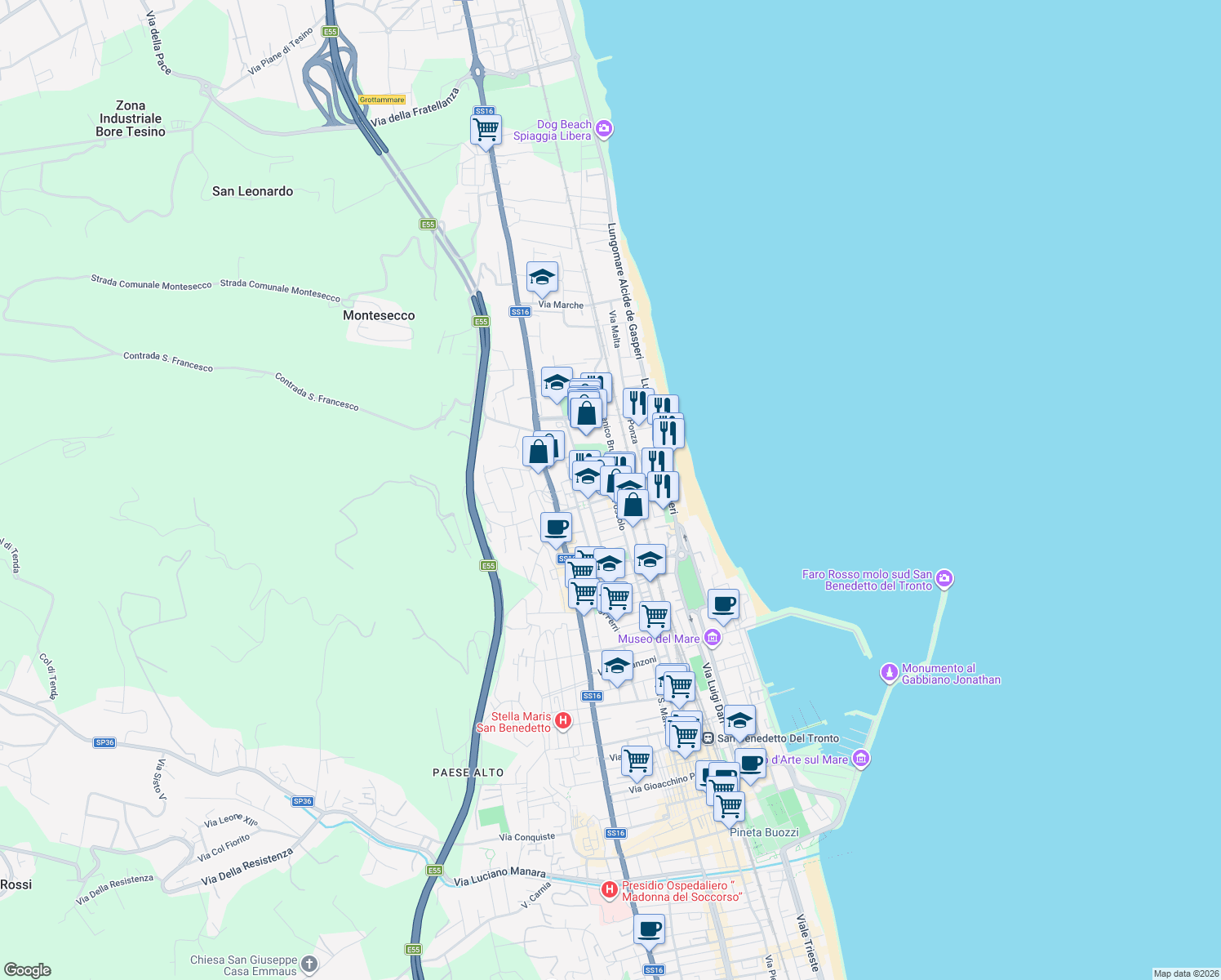 map of restaurants, bars, coffee shops, grocery stores, and more near 15 Via Ugo Foscolo in Grottammare