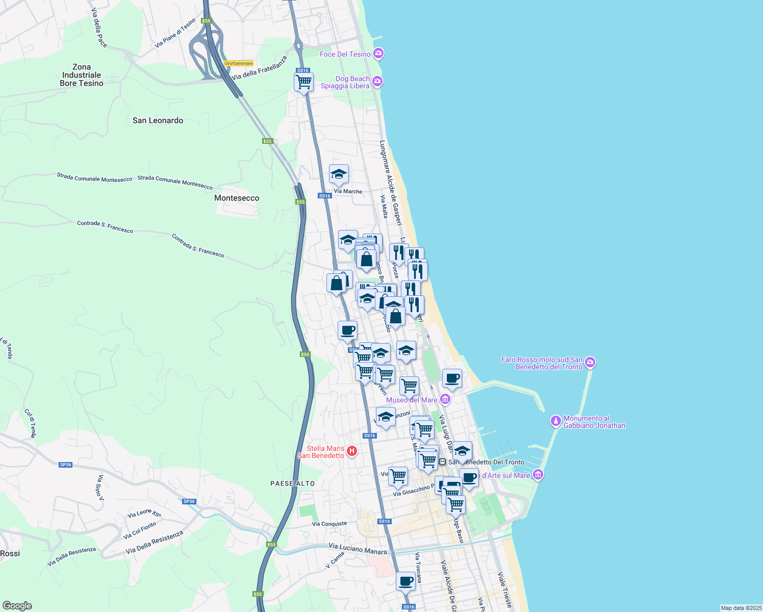 map of restaurants, bars, coffee shops, grocery stores, and more near 38 Via Ugo Foscolo in Grottammare