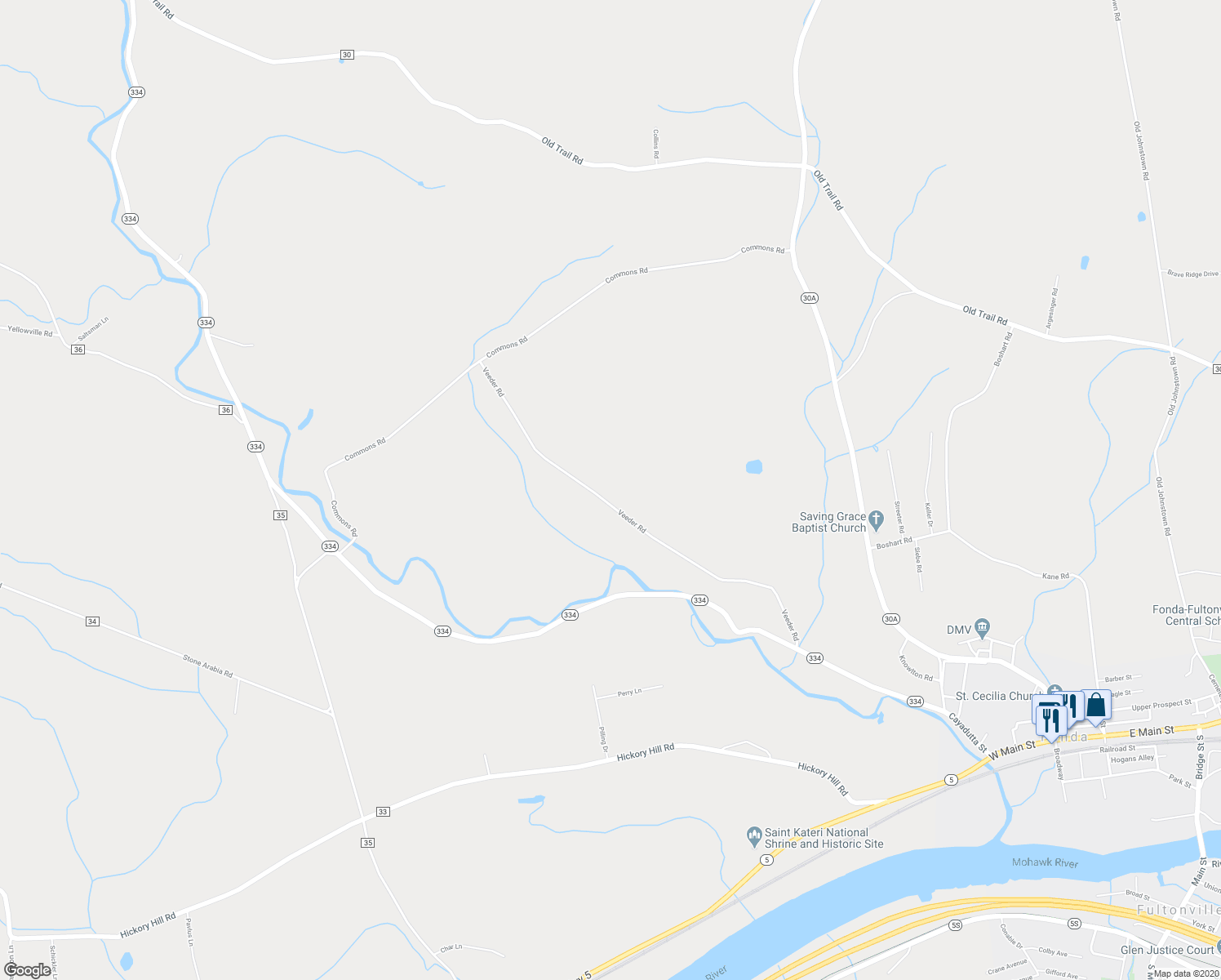 map of restaurants, bars, coffee shops, grocery stores, and more near 246 Veeder Road in Fonda