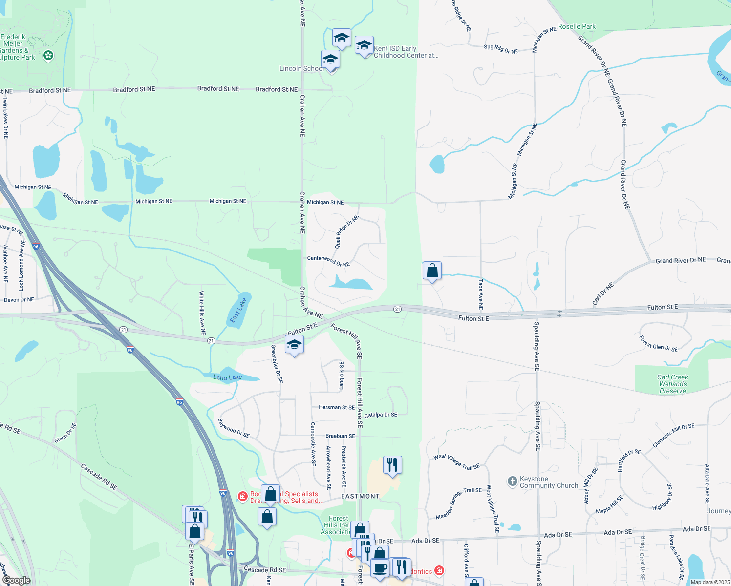 map of restaurants, bars, coffee shops, grocery stores, and more near 8 Fox Point Court in Ada