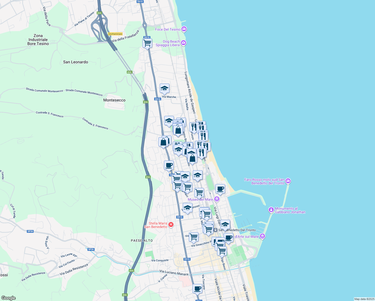 map of restaurants, bars, coffee shops, grocery stores, and more near 38 Via Ugo Foscolo in Grottammare