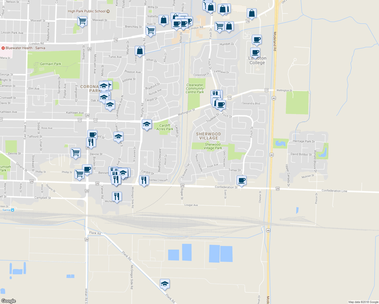map of restaurants, bars, coffee shops, grocery stores, and more near 329 Trudeau Drive in Sarnia