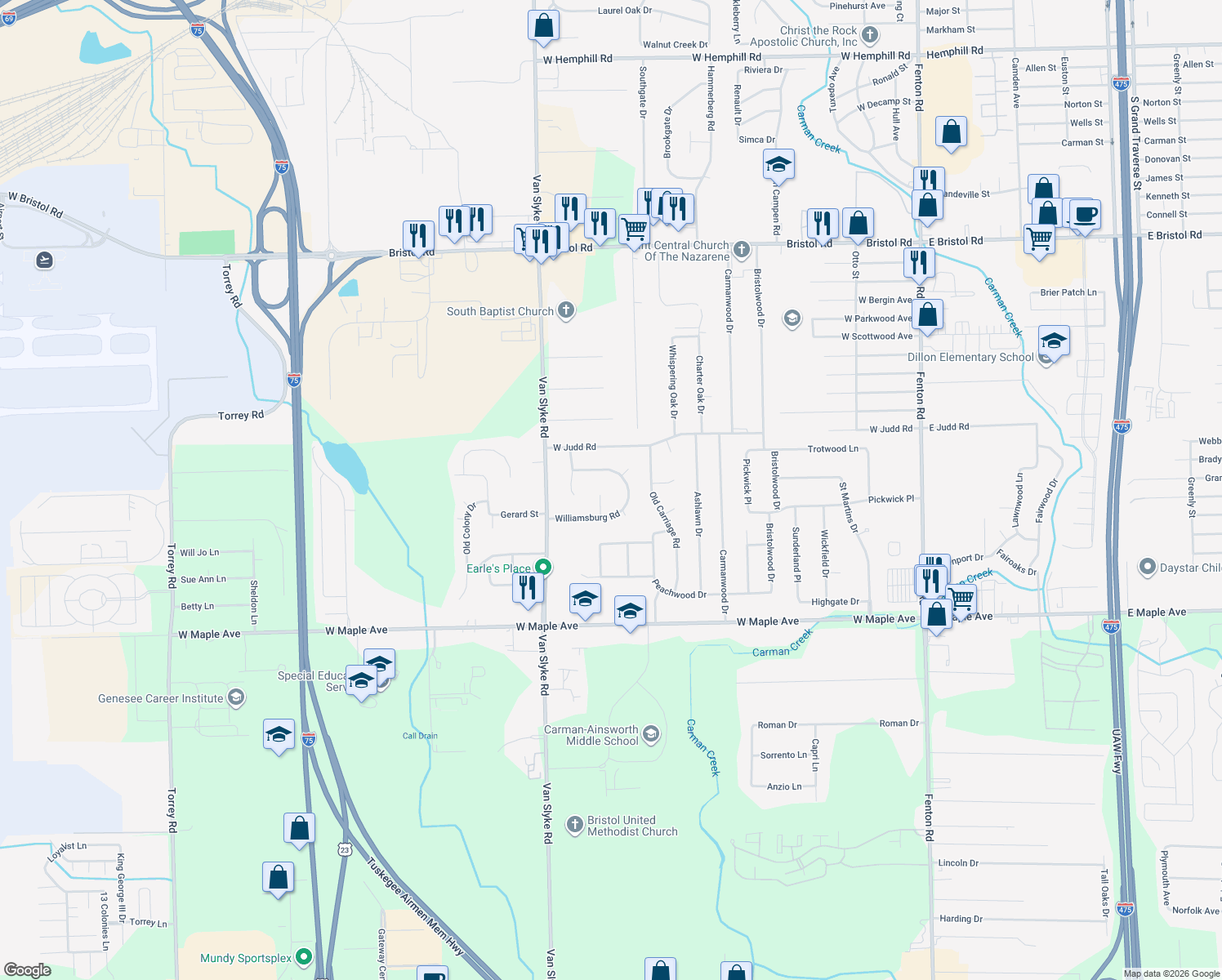 map of restaurants, bars, coffee shops, grocery stores, and more near 4345 Captains Lane in Flint