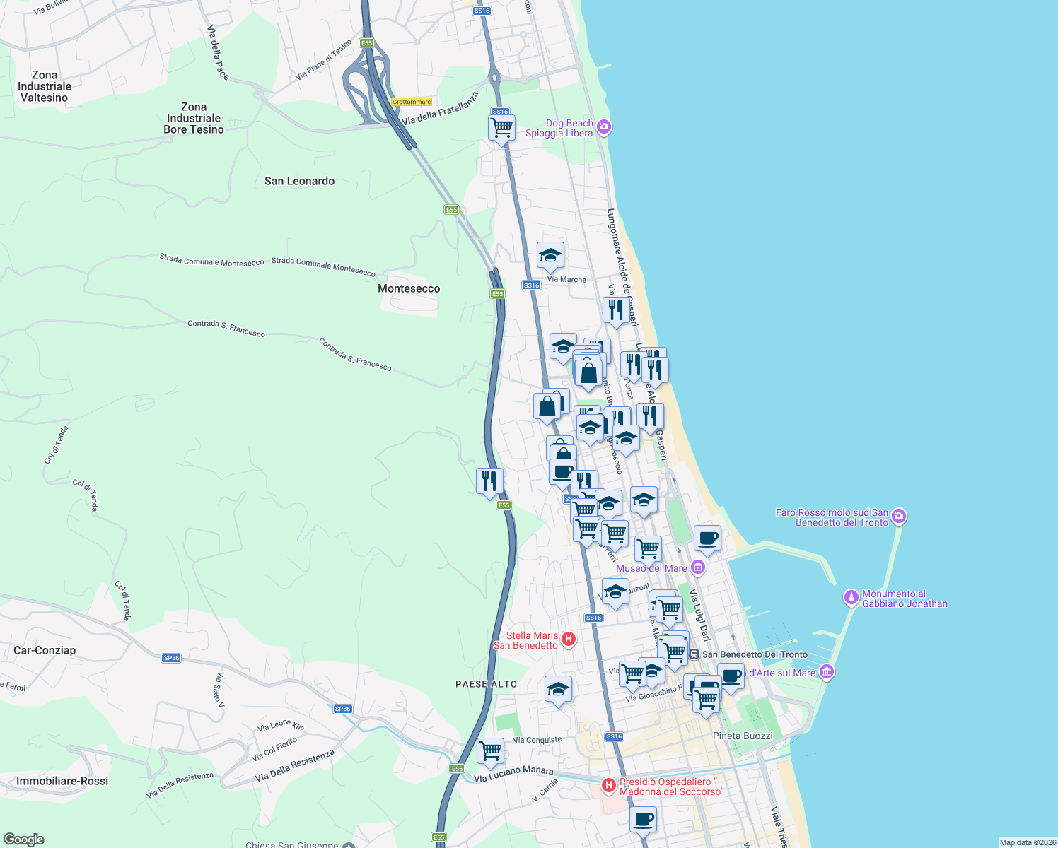 map of restaurants, bars, coffee shops, grocery stores, and more near 19 Via Ascoli Piceno in Grottammare