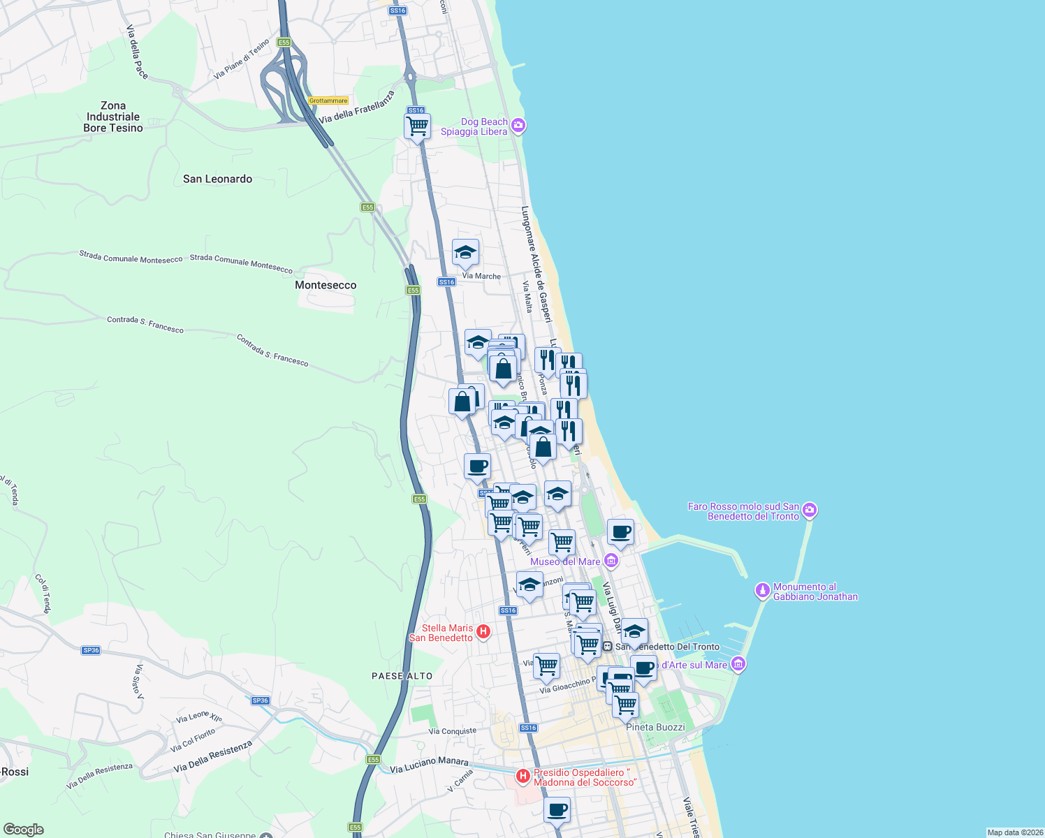 map of restaurants, bars, coffee shops, grocery stores, and more near 15 Via Ugo Foscolo in Grottammare
