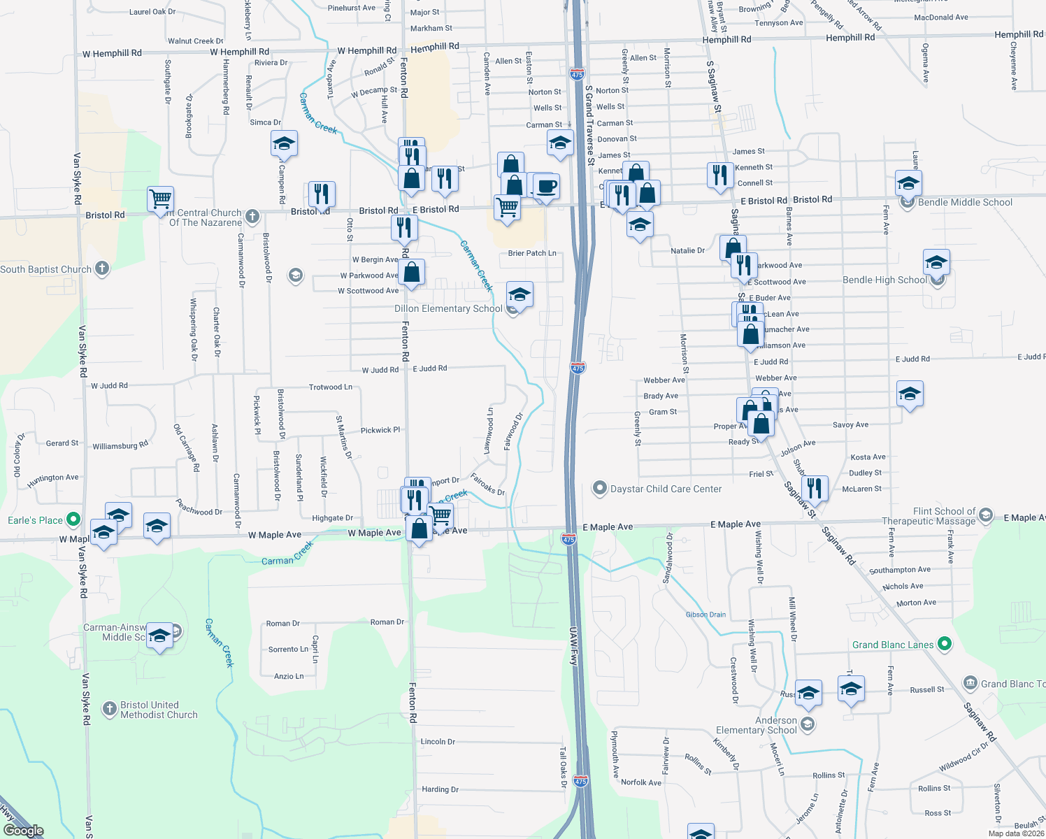 map of restaurants, bars, coffee shops, grocery stores, and more near 4375 Fairwood Drive in Burton