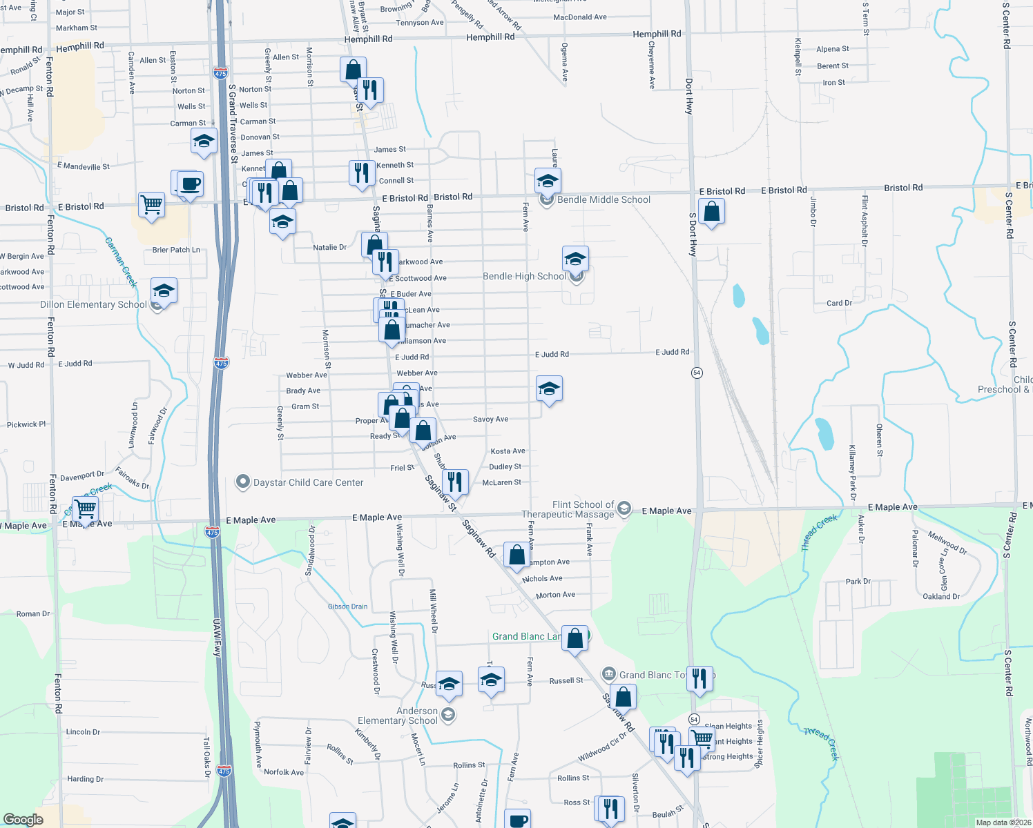 map of restaurants, bars, coffee shops, grocery stores, and more near 2237 Savoy Ave in Burton