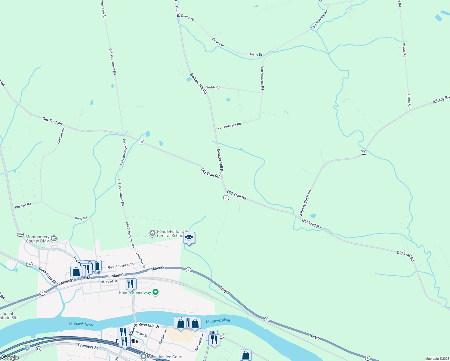 map of restaurants, bars, coffee shops, grocery stores, and more near 258 Switzer Hill Road in Fonda