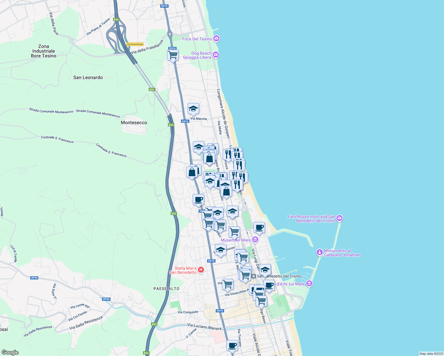 map of restaurants, bars, coffee shops, grocery stores, and more near 38 Via Ugo Foscolo in Grottammare