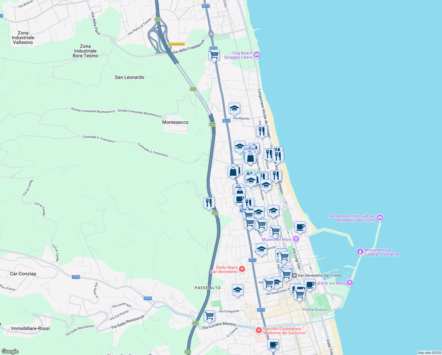 map of restaurants, bars, coffee shops, grocery stores, and more near 19 Via Ascoli Piceno in Grottammare