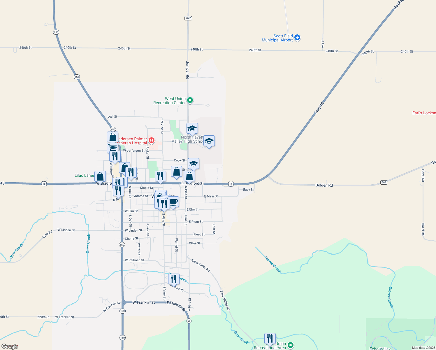 map of restaurants, bars, coffee shops, grocery stores, and more near 368 Hansen Boulevard in West Union