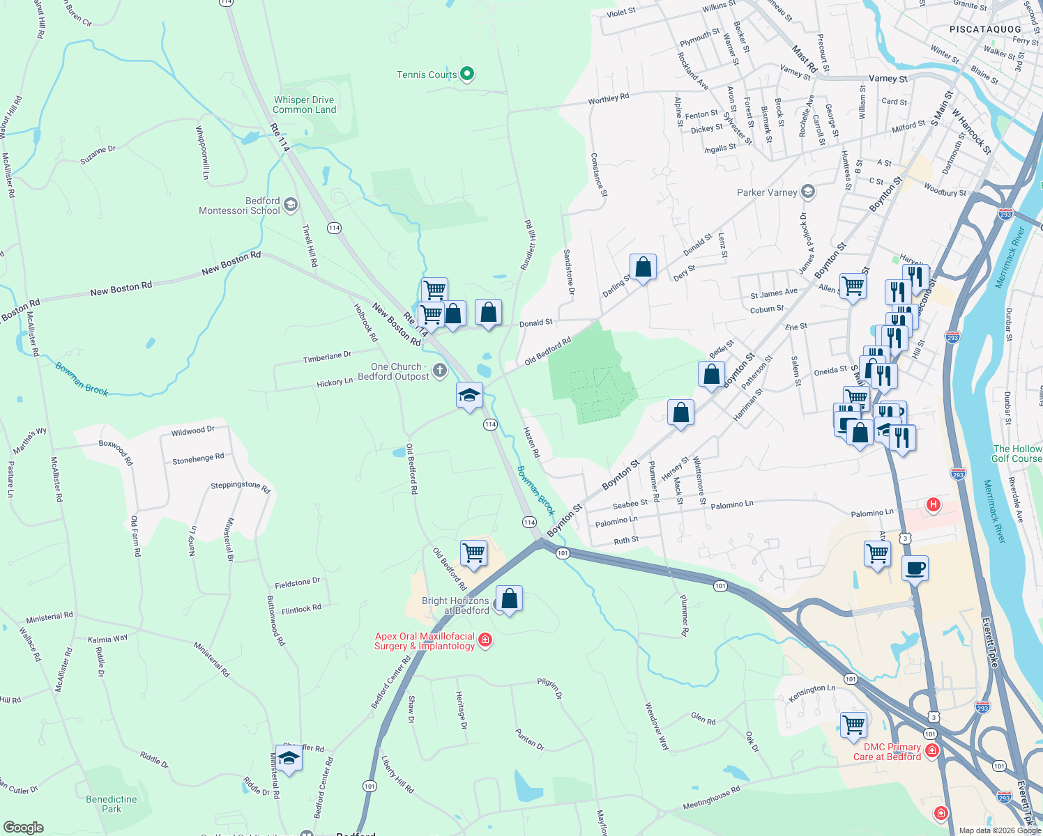 map of restaurants, bars, coffee shops, grocery stores, and more near Hazen Road in Bedford