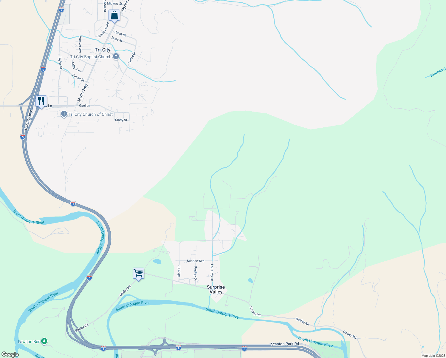 map of restaurants, bars, coffee shops, grocery stores, and more near 924 Lou Gray Drive in Myrtle Creek