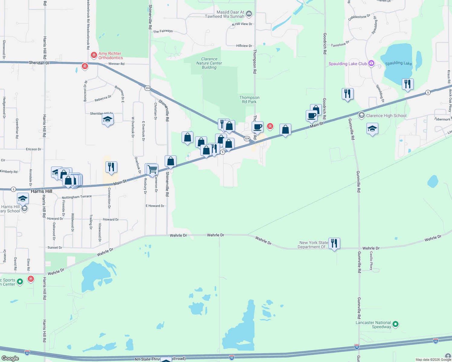 map of restaurants, bars, coffee shops, grocery stores, and more near 4347 Barton Road in Clarence