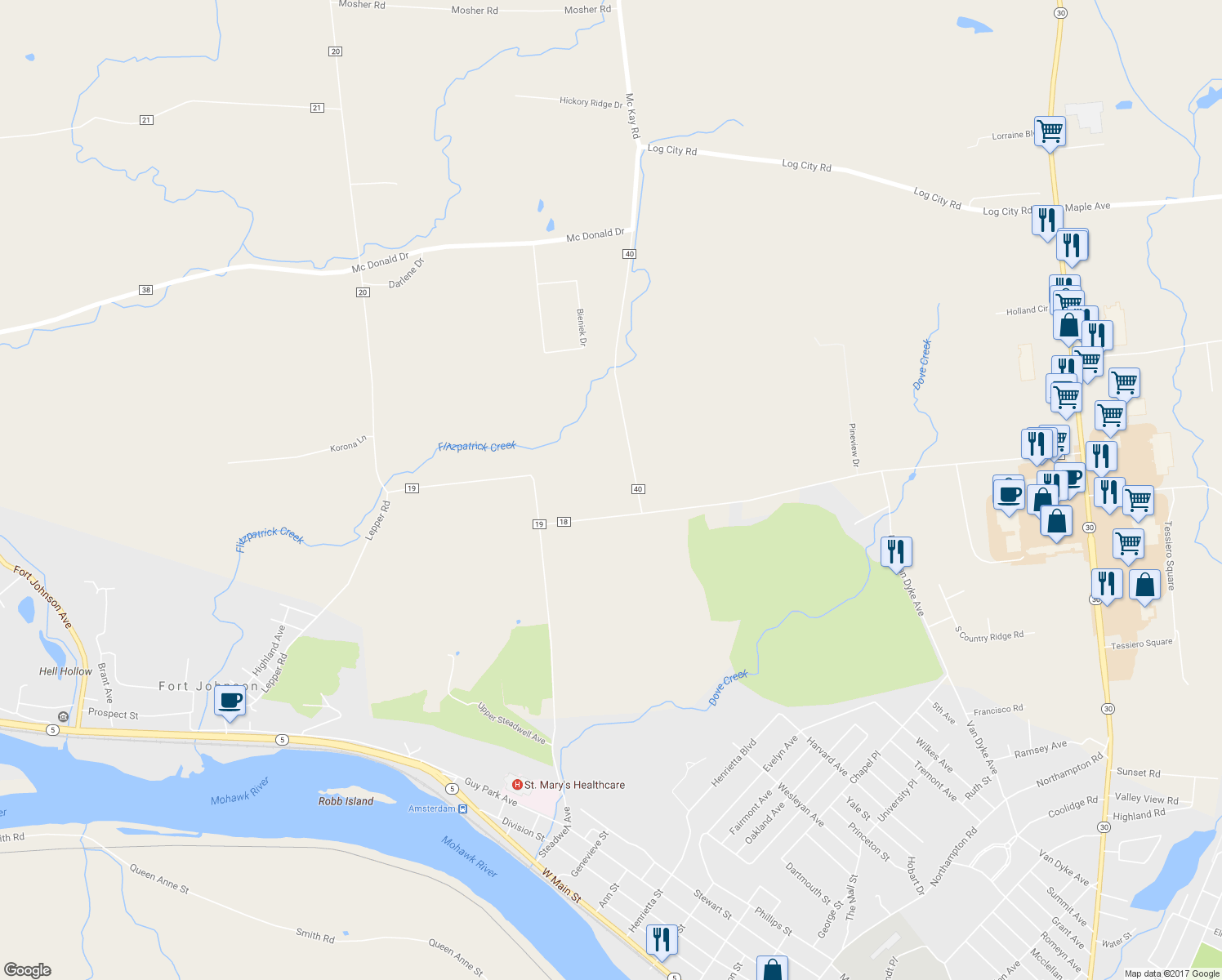 map of restaurants, bars, coffee shops, grocery stores, and more near 730 Mc Kay Road in Amsterdam