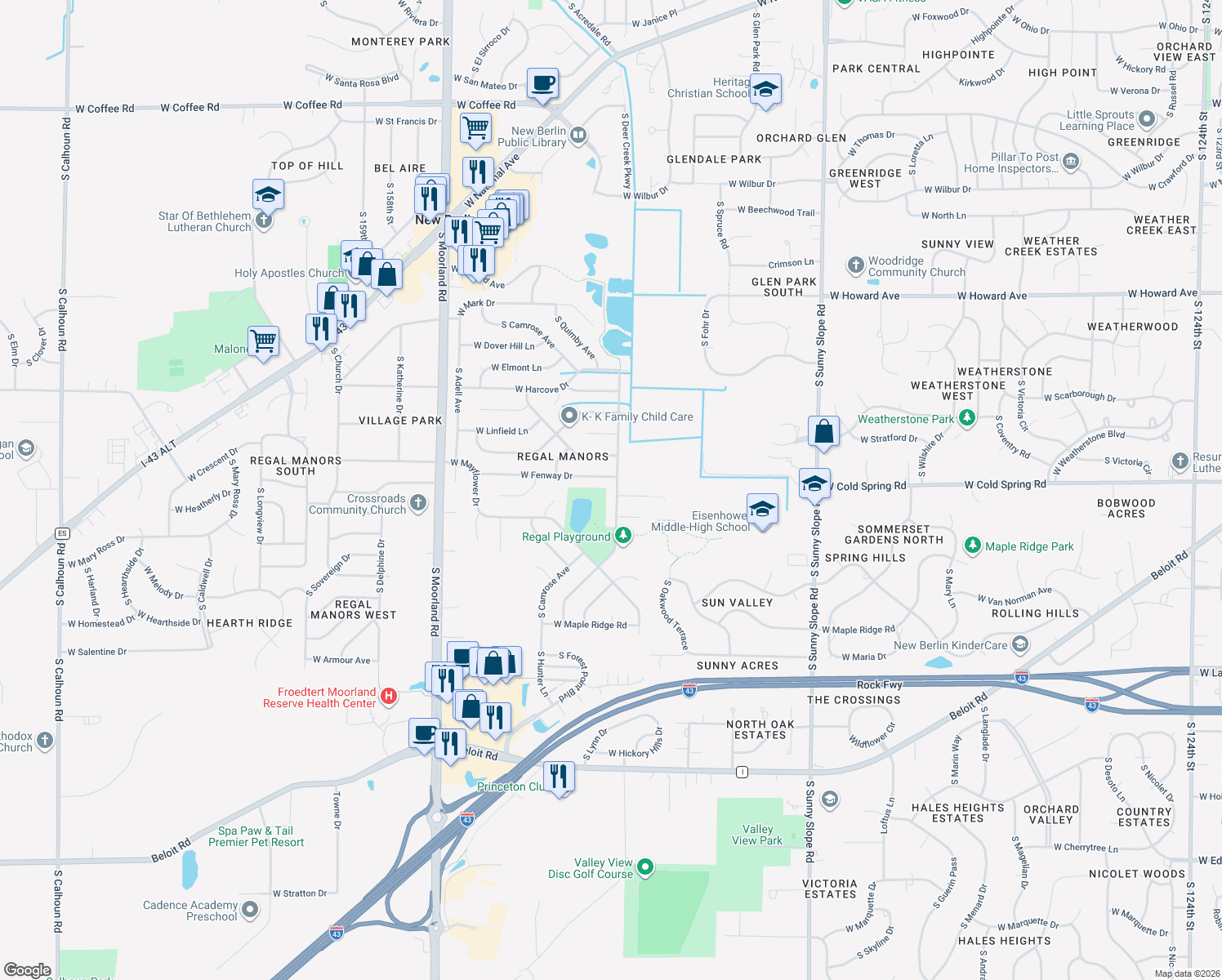 map of restaurants, bars, coffee shops, grocery stores, and more near 4305 South Regal Drive in New Berlin