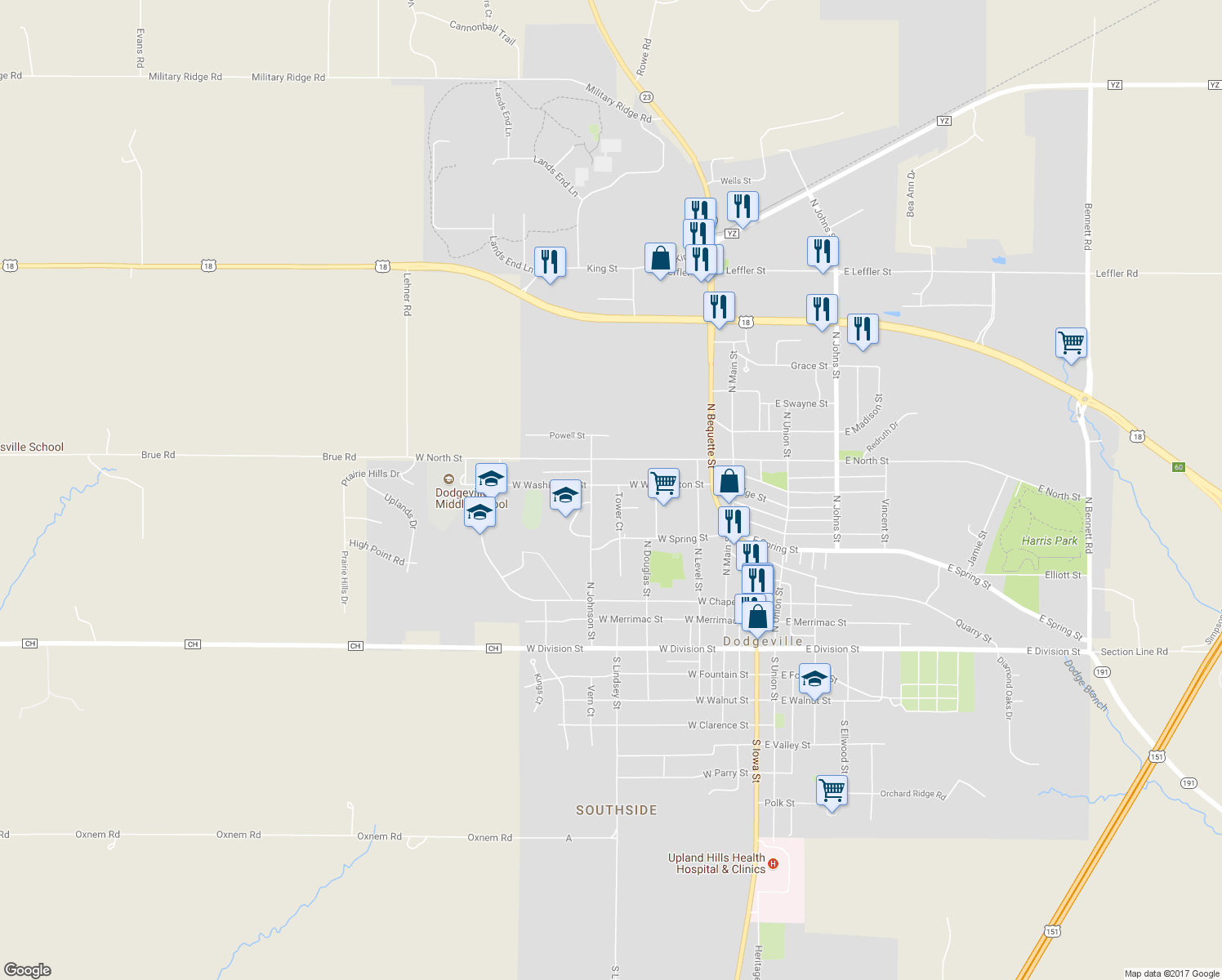 map of restaurants, bars, coffee shops, grocery stores, and more near 423 West Washington Street in Dodgeville
